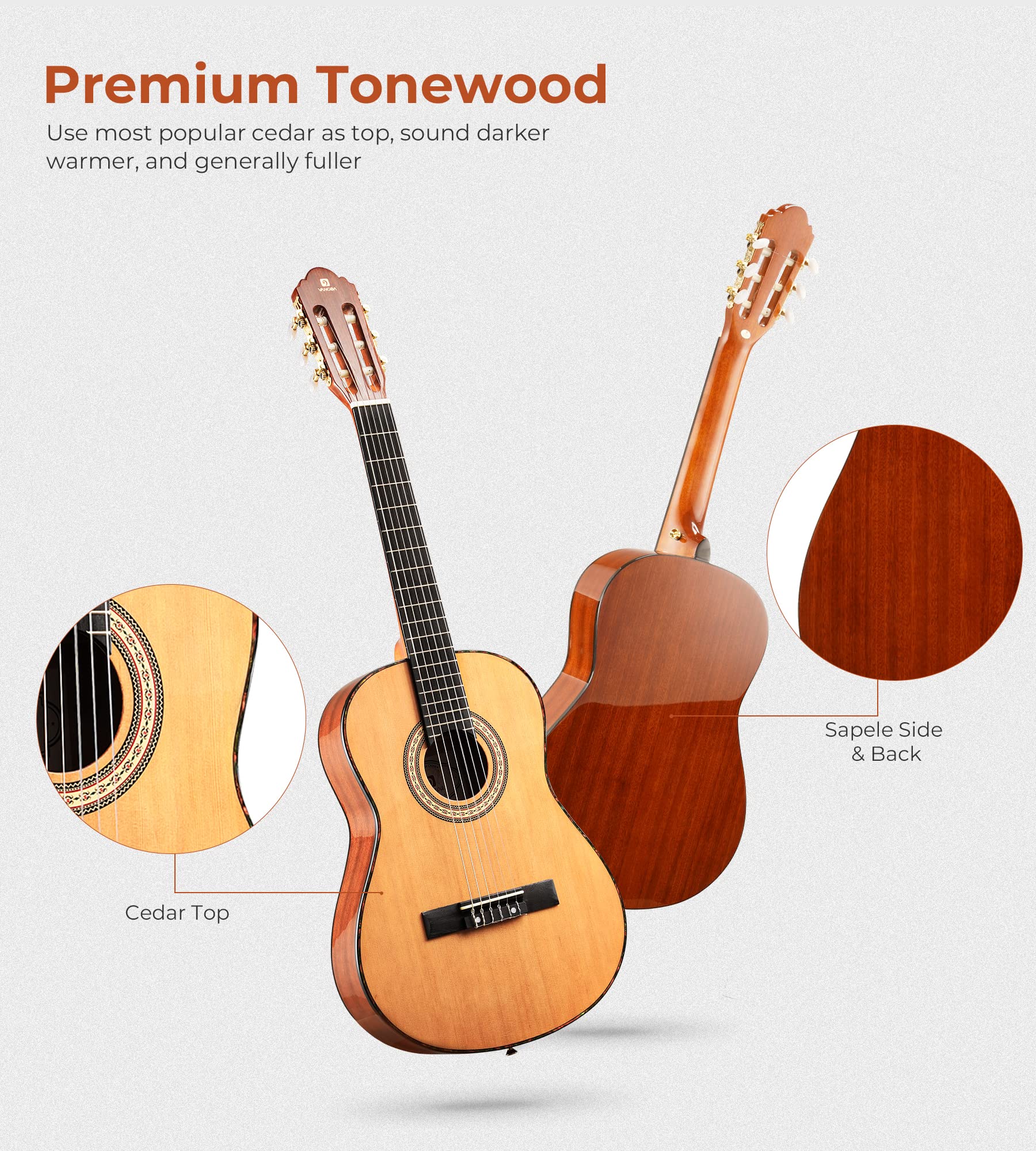 Vangoa 39 Inch Full Size 4/4 Spanish Style Classical Guitar with Solid Cedar Top & Nylon Strings - Perfect for Beginner Adults | Ideal for Music Lessons, Home Practice & Live Performances