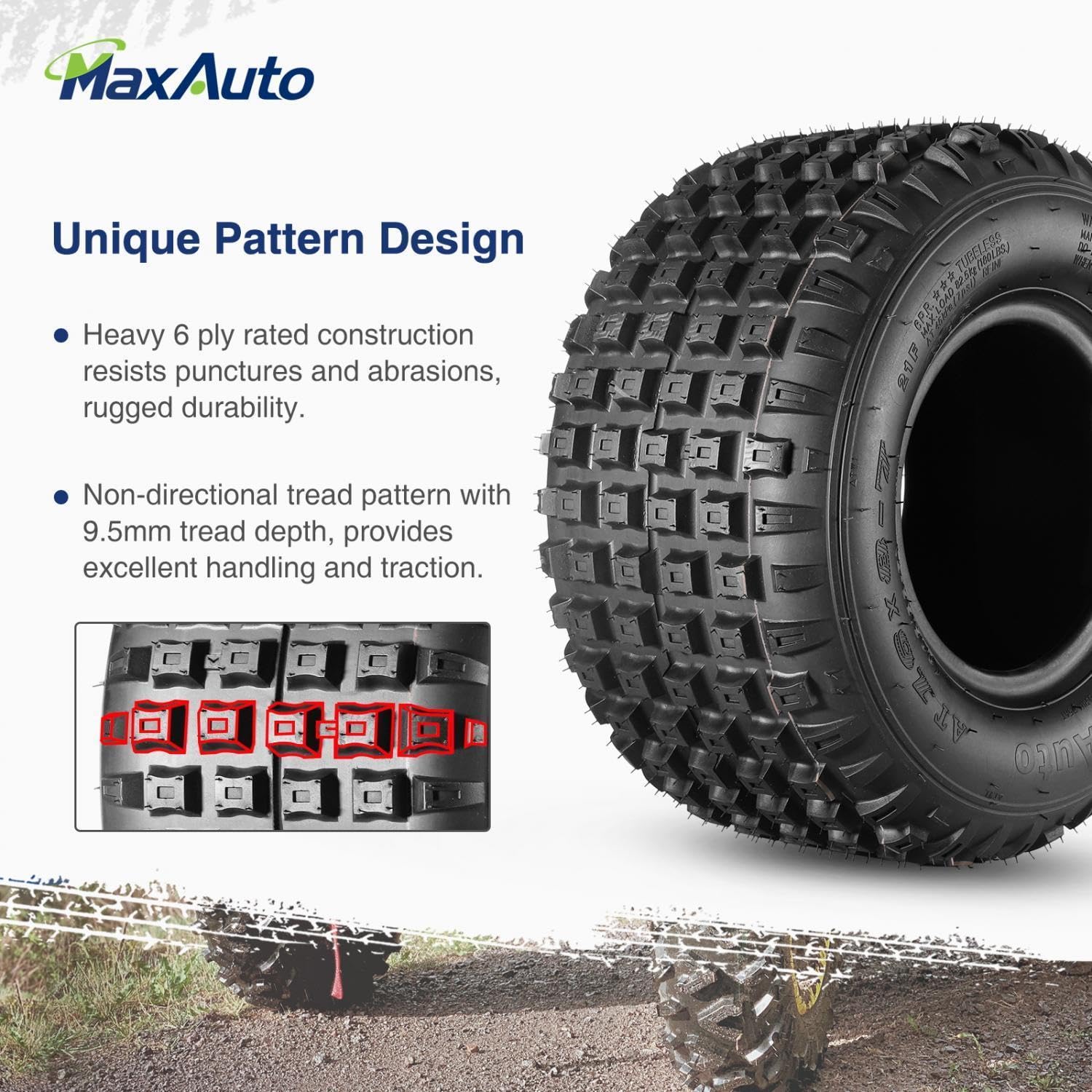 MaxAuto ATV Tires 145/70-6 & 16x8.00-7 - Knobby Tubeless Mini Bike and Go-Kart Tires (Set of 4) - Perfect for Off-Road, Trail Riding, and All-Terrain Adventures