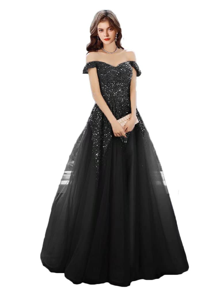 ASULLA Women's Off Shoulder Long Sequin Evening Dress - Elegant Floor Length Ball Gown for Prom, Masquerade Party & Formal Events