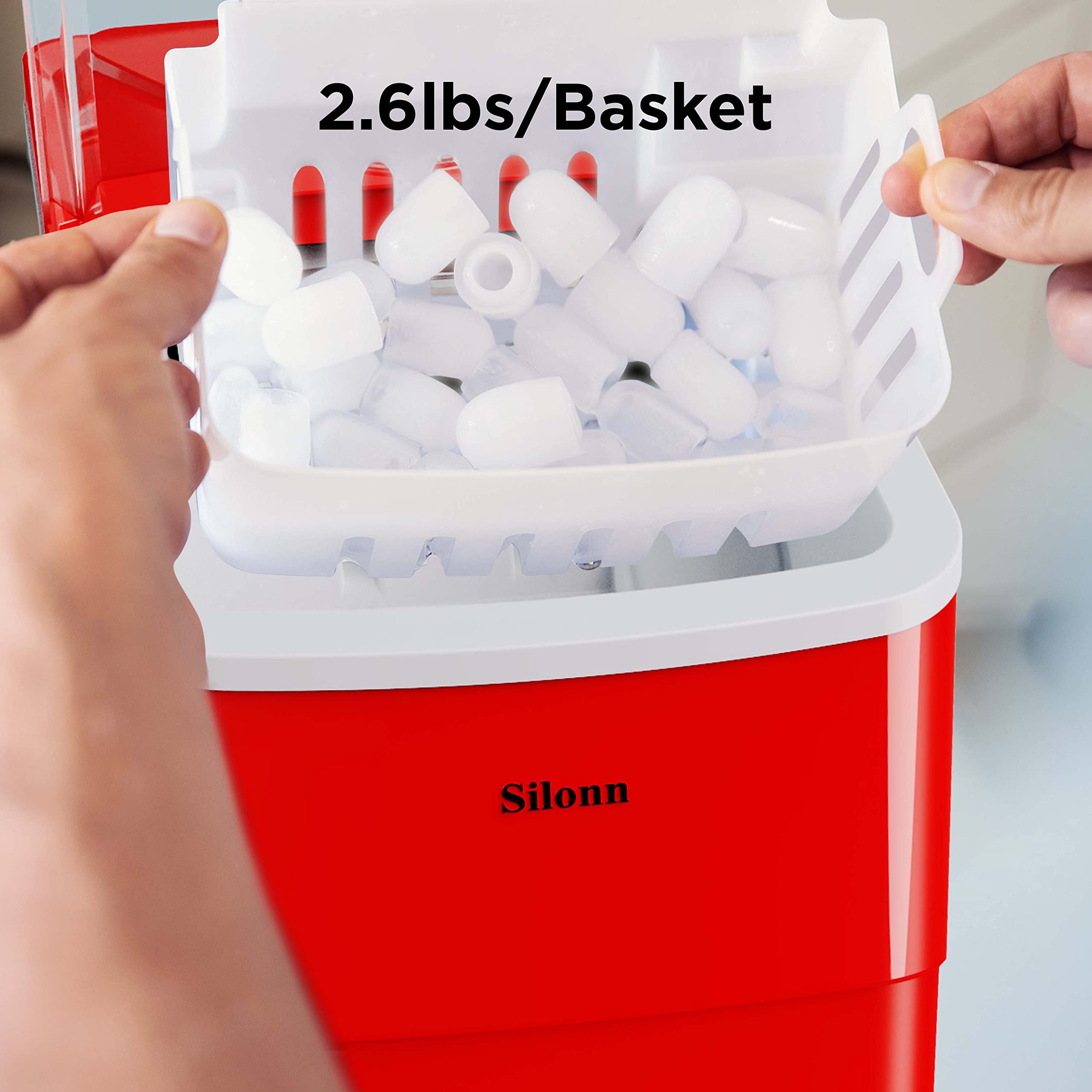 Silonn Countertop Ice Maker Machine - 9 Cubes in 6 Minutes, 26lbs Daily, Self-Cleaning with Ice Scoop & Basket - 2 Bullet Ice Sizes for Home, Kitchen, Office, Bar, Party (Red) | Perfect for Cocktails, Beverages, and Entertaining Guests