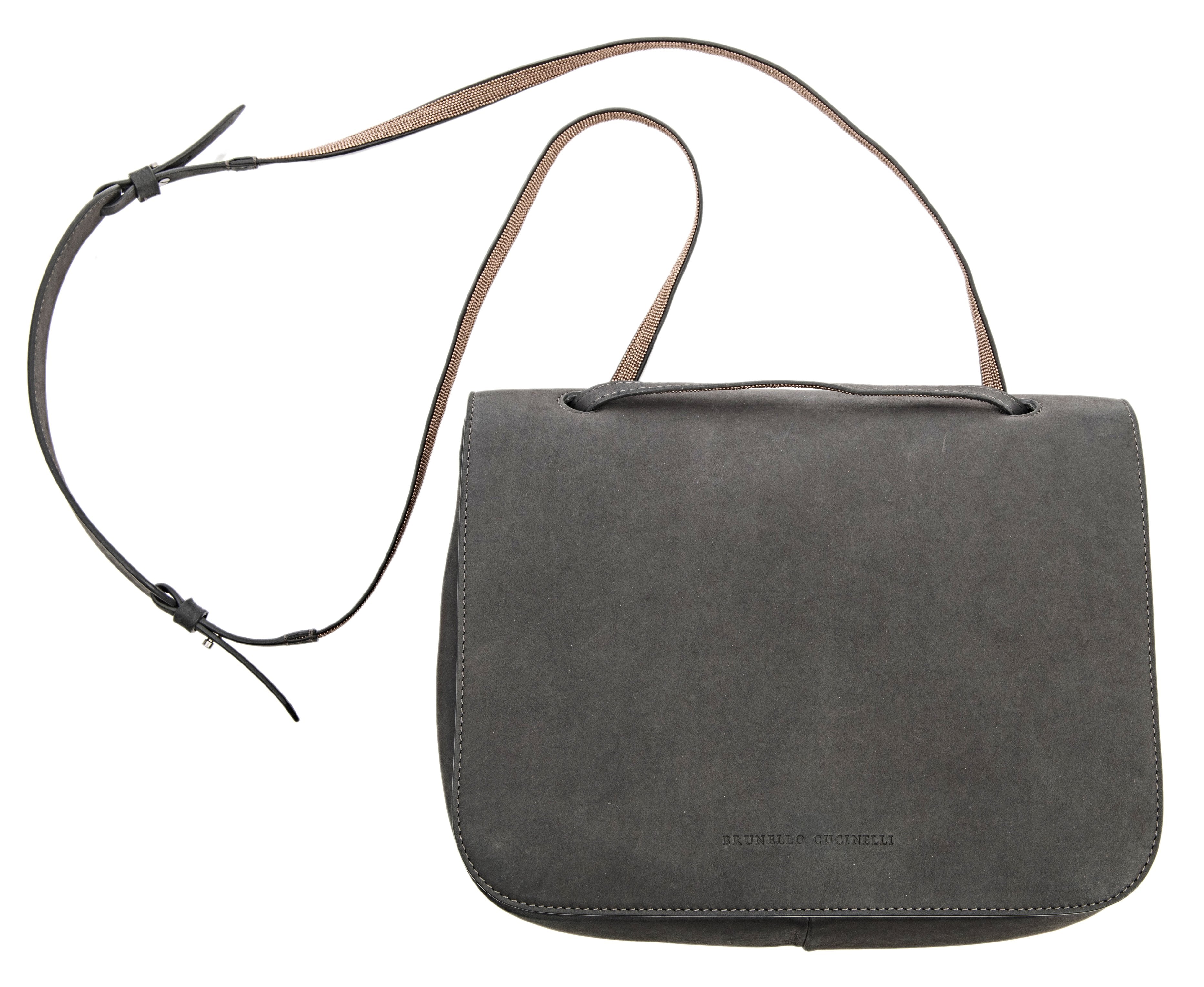 Brunello Cucinelli Genuine Nubuck Leather Messenger Bag for Men - Gray Crossbody Bag with Handcrafted Copper Beaded Strap | Perfect for Work, Travel & Everyday Use