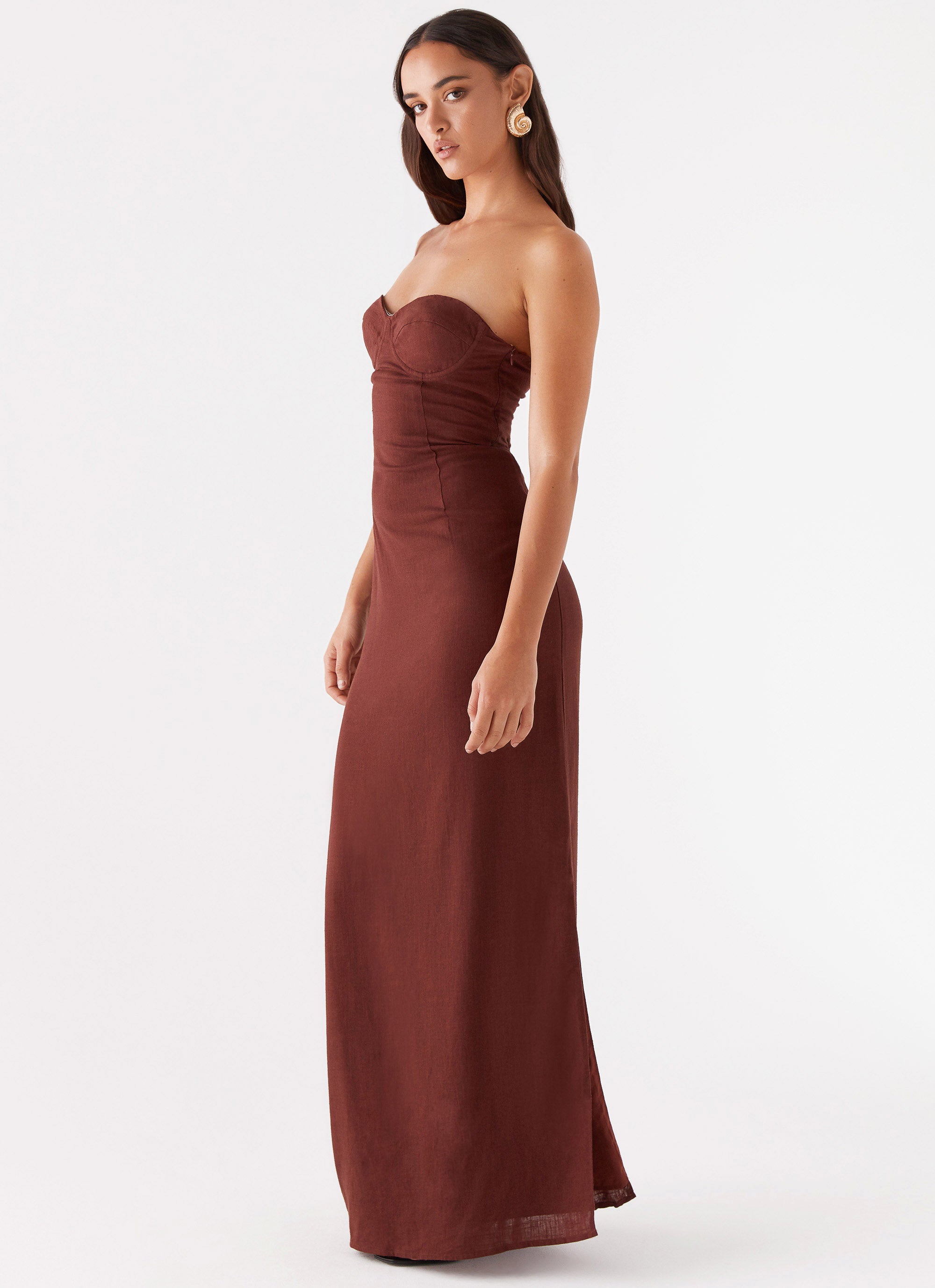 Esra Strapless Maxi Dress for Women - Elegant Chocolate Brown Formal Gown for Weddings, Prom, Evening Parties & Special Occasions