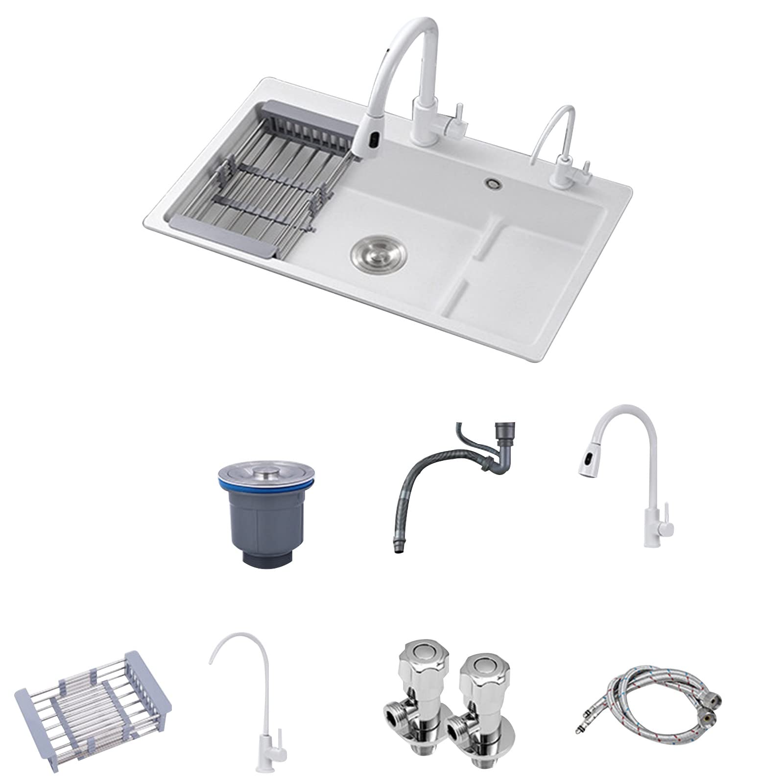 Premium Quartz Stone Kitchen Sink Set with Step Flow Design - Undermount/Overmount Installation - Includes Matching Faucet - Ideal for Modern Kitchens & Bathrooms (80x49cm) - Perfect for Food Prep, Dishwashing & Home Renovation Projects