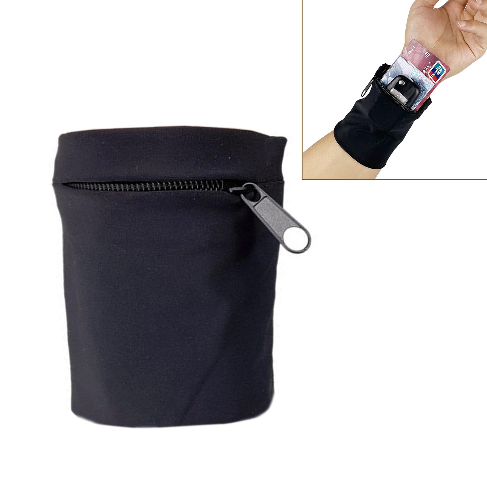 Boshiho Unisex Zippered Wristband Pouch - Runner's Wrist Pocket & Reversible Wallet for Running, Hiking, Travel - Secure Storage for Cash, Cards, Keys (Black)