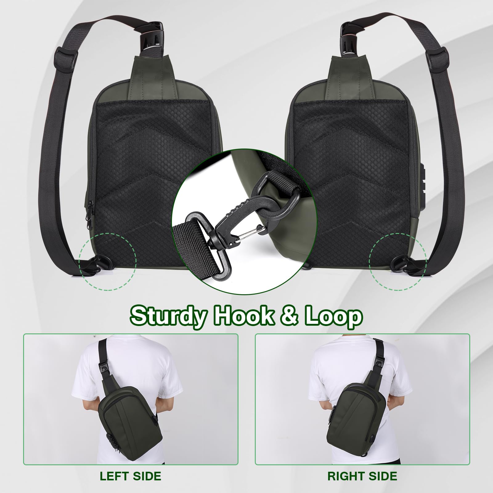 Geestock Anti-Theft Crossbody Sling Bag for Men - Waterproof Chest Shoulder Bag with USB Charging Port & Password Lock - PU Leather Casual Backpack (Green) - Perfect for Travel, Gym, Hiking & Everyday Use