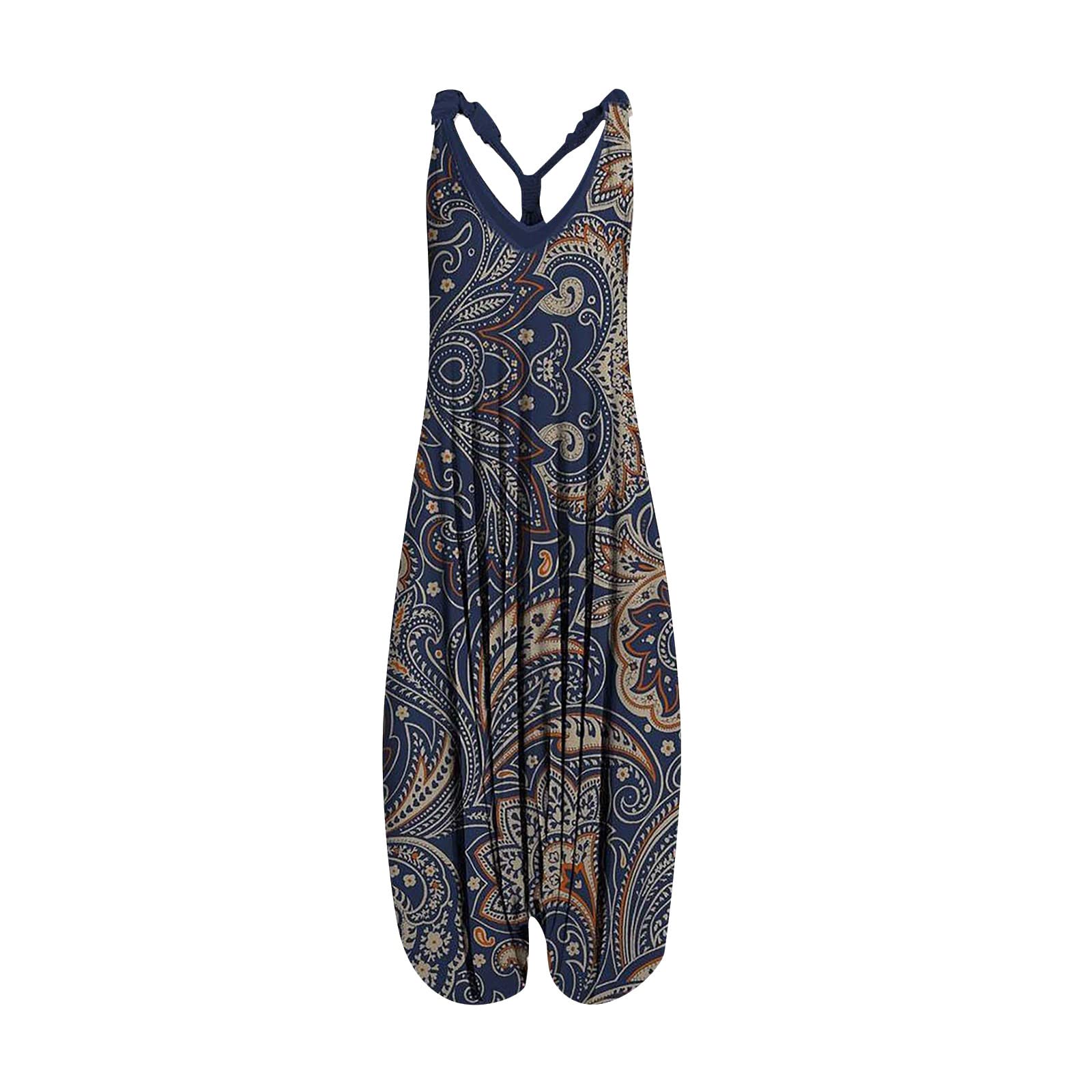 Plus Size Jumpsuits for Women - Vintage Boho Print Racerback Romper with Spaghetti Straps | Casual Summer Sleeveless Outfit for Beach, Vacation & Streetwear