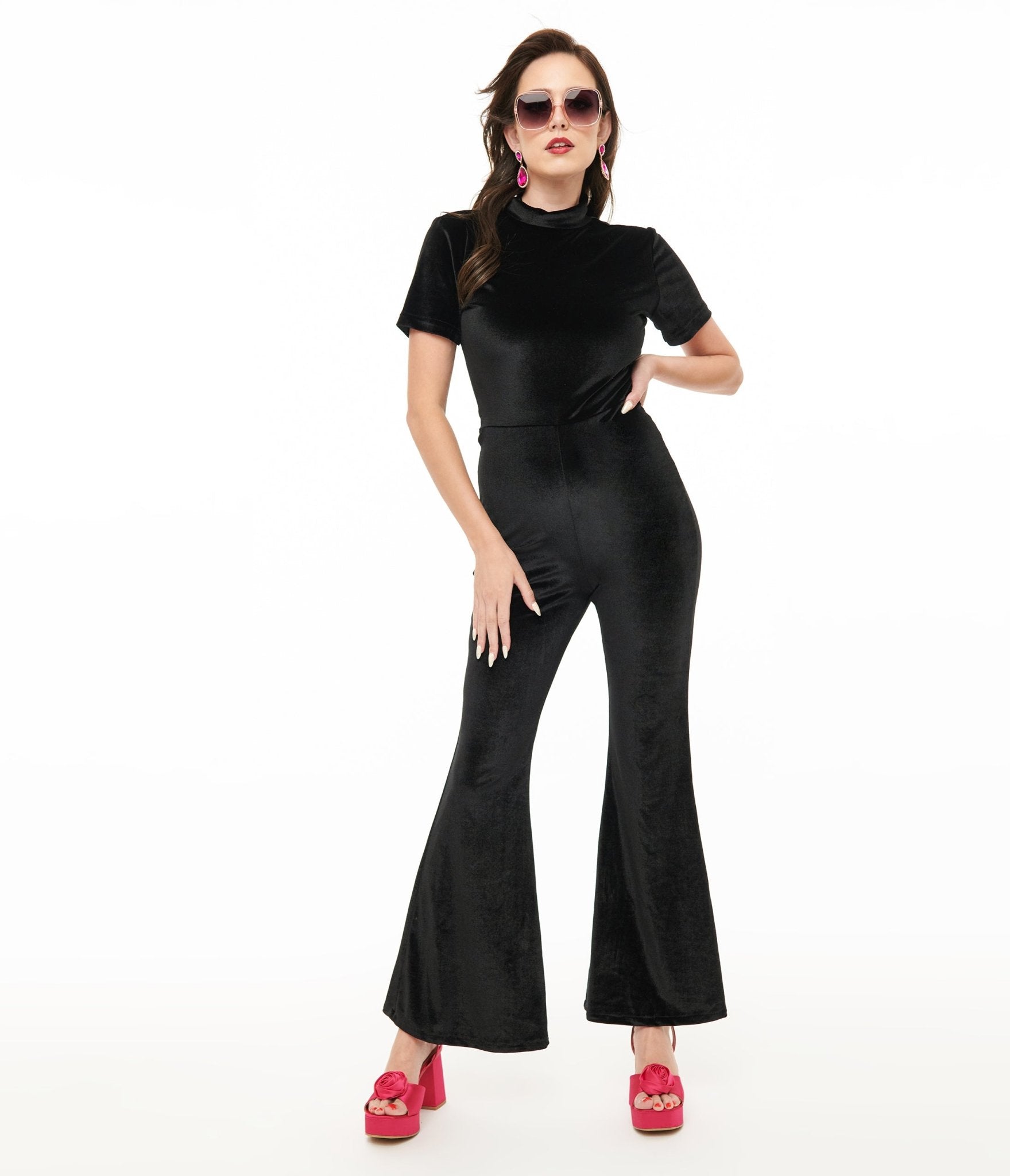 Miracle Eye Black Velvet Bell Bottom Jagger Jumpsuit for Women - 70s Retro Disco Party Outfit, Vintage Inspired Flared Pantsuit for Concerts & Nightclub Events