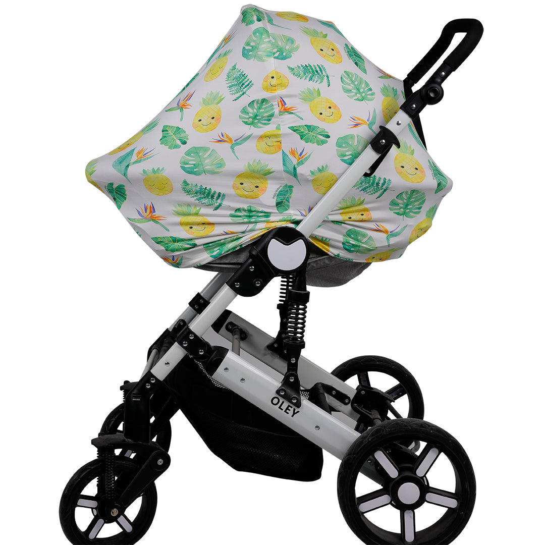 Baby Car Seat Cover - Breathable Nursing Canopy with Pineapple & Monstera Leaf Pattern in White - Perfect for Strollers, Shopping & Outdoor Adventures