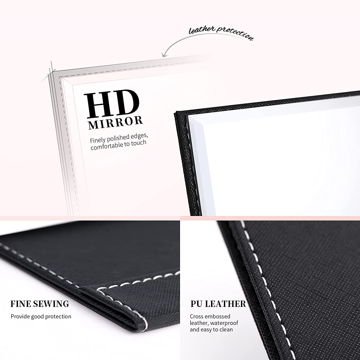 NAIDEV Hexagonal Framed Glass Makeup Mirror with PU Leather Case - Portable Folding Vanity Mirror for Travel, Home & Office - Perfect for Shaving, Makeup & Beauty Gifts (Black, Tabletop Mount)