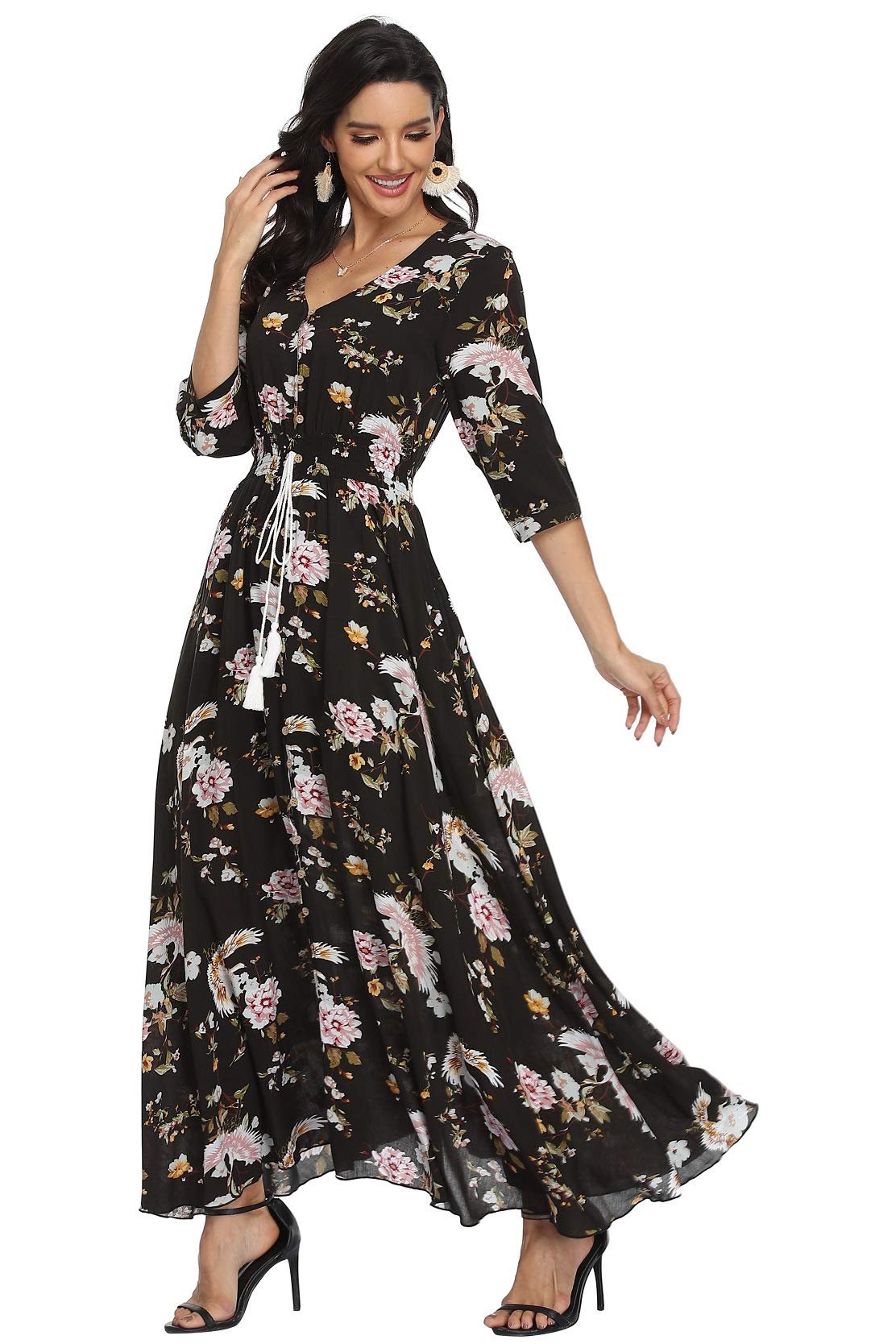Vintage Floral Maxi Dresses for Women - Long Sleeve Bohemian Beach Dress with Flowy Silhouette | Perfect for Summer Vacations, Music Festivals & Boho Chic Outfits