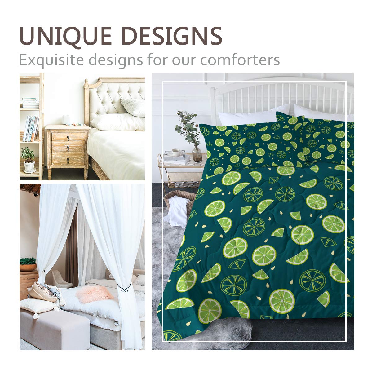 BlessLiving Lime Citrus Fruit Comforter Set - Modern Lime Slices Pattern 3-Piece Bedding Set for Full/Queen Size - Soft Green & Turquoise Bed Set for Teen Girls & Women - Perfect for Teen Bedrooms, Dorm Rooms & Guest Rooms