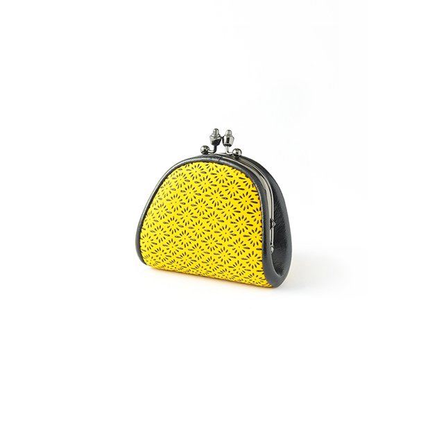 Japanese Koshu Inden Deerskin Leather Coin Purse with Urushi Lacquer Clasp - Chrysanthemum Crest Pattern in Yellow | Handmade in Japan | Traditional Gamaguchi Change Purse for Everyday Use, Gift Giving & Collectors