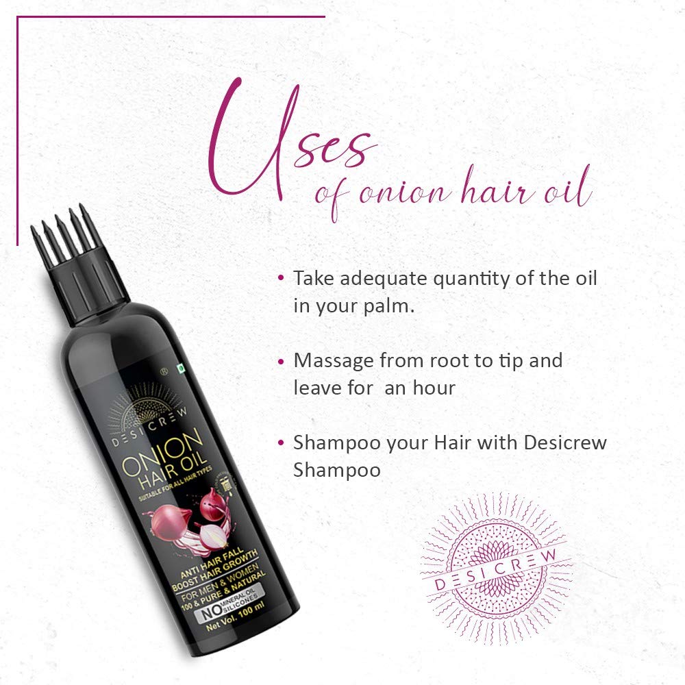 Desi Crew 100% Pure Cold Pressed Onion Hair Oil for Hair Growth & Hair Fall Control - No Mineral Oil & Silicones - With Comb Applicator - 100ml - Perfect for Daily Hair Care & Scalp Massage