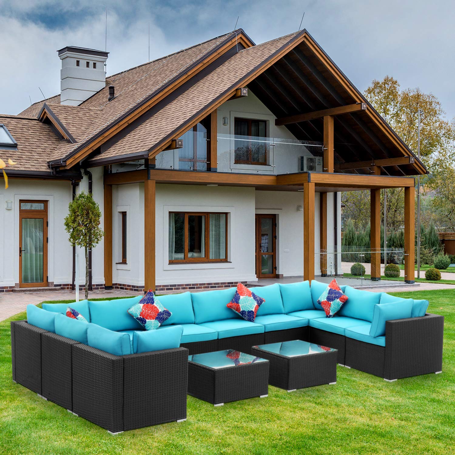 **Ainfox 12-Piece Outdoor Patio Furniture Set - PE Rattan Wicker Sectional Sofa with Cushions & Glass Coffee Table - Blue - Perfect for Backyard, Garden, and Poolside Relaxation**