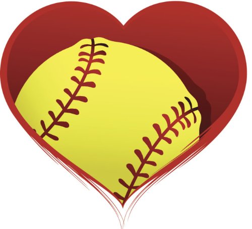 Divine Designs Softball Vinyl Decal Sticker - Heart Shape in Yellow, Red & White - 2 Pack (4 Inches Wide) - Perfect for Laptop, Water Bottle & Car Window Decoration