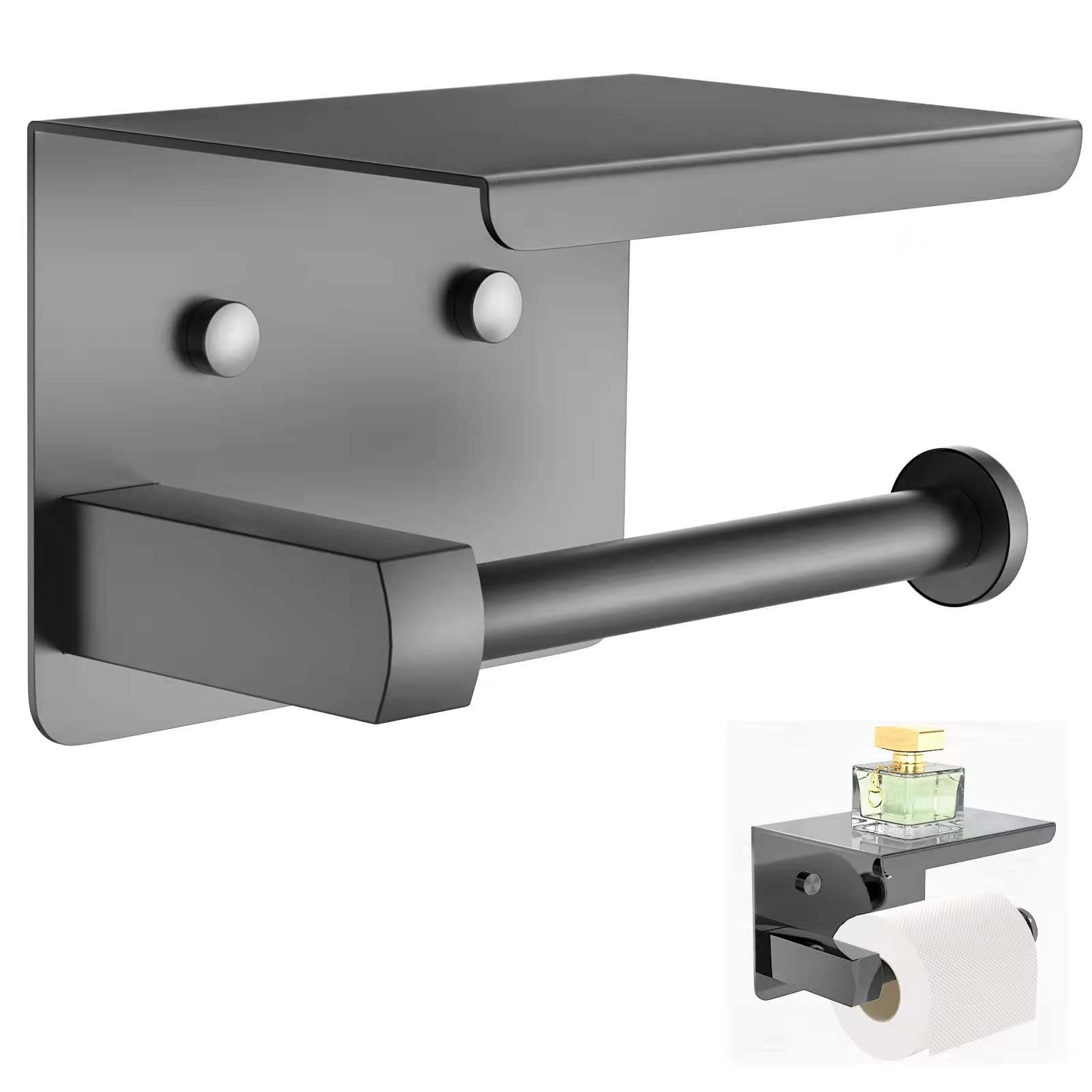 No Drill Self-Adhesive Toilet Paper Holder with Shelf - SUS 304 Stainless Steel Wall Mount Tissue Roll Holder (Gun Grey) - Perfect for Bathrooms, RVs & Small Spaces Without Drilling