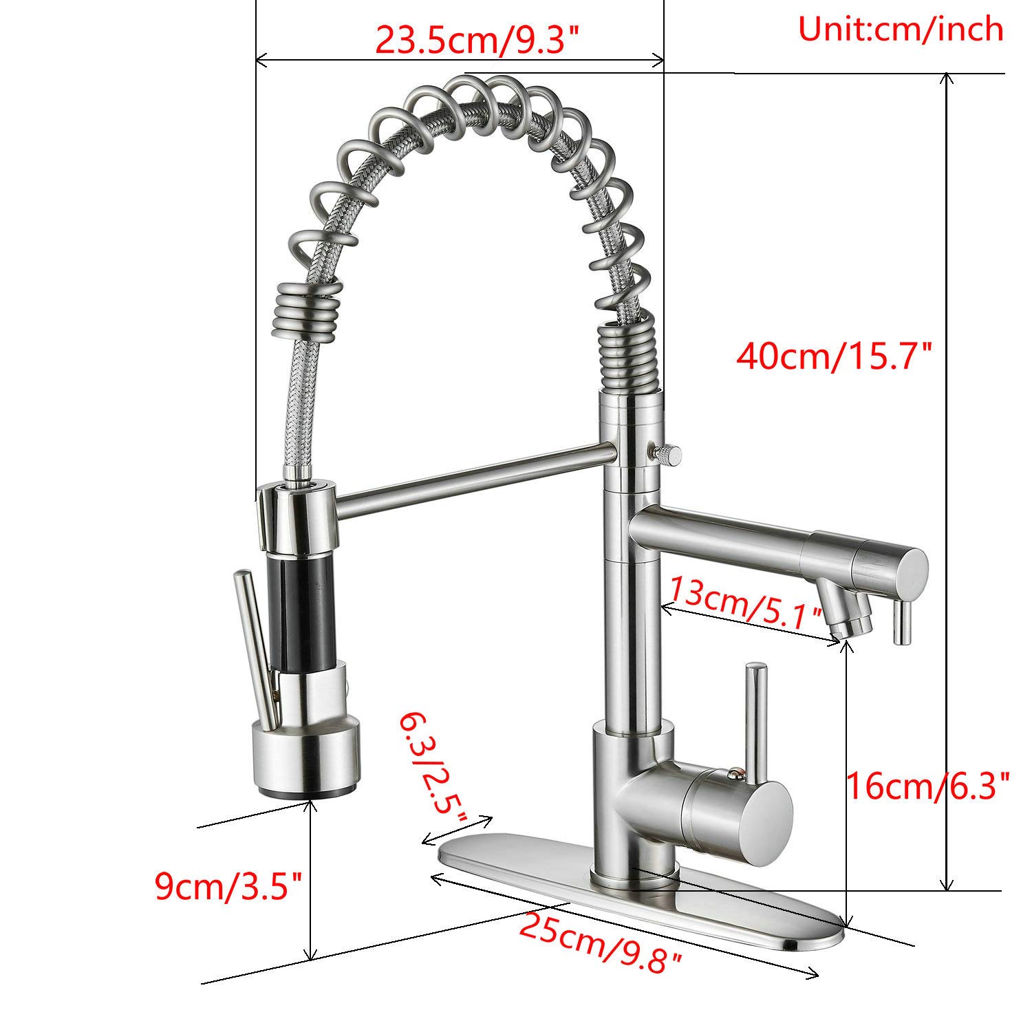 Commercial Single Handle Spring Kitchen Sink Faucet with Pull Down Sprayer - Brushed Nickel Finish (Deck Plate Included) - Ideal for Restaurant, Home Kitchen & Commercial Use