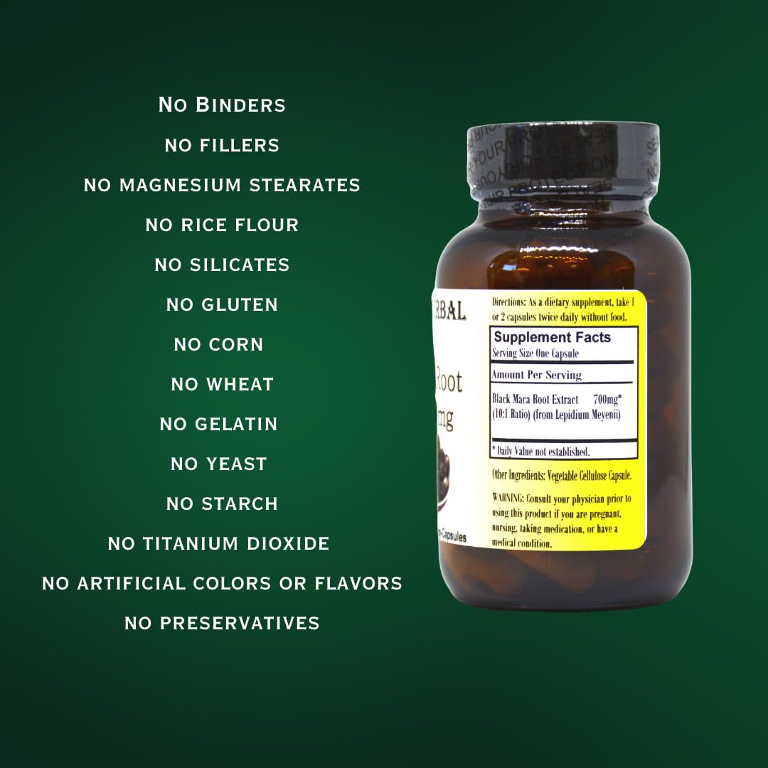 Barlowe's Herbal Elixirs Black Maca Root Extract 700mg - 60 Vegan Capsules (Kosher, Halal Certified) | Peruvian Maca Supplement for Energy, Stamina & Hormonal Balance | Third-Party Tested & Glass Bottle Packaging | Perfect for Daily Wellness & Fitness Routines