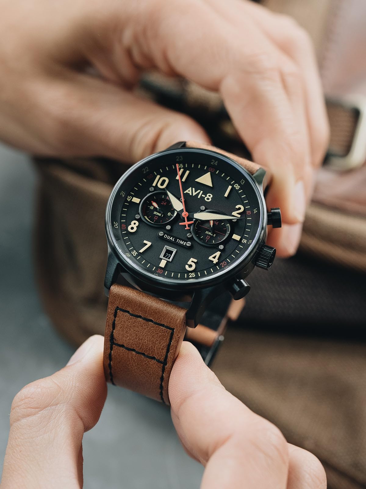 AVI-8 Men's 43.5mm Hawker Hurricane Carey Dual Time Japanese Quartz Pilot Watch with Leather or Stainless Steel Strap AV-4088 - Perfect for Aviation Enthusiasts, Business Travel & Everyday Wear