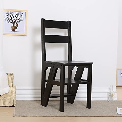 Portable 4-Step Wooden Folding Ladder Chair - Multifunctional Stepladder for Home, Library & Bookshelf Access | Space-Saving Design for Climbing, Display & Flower Shelves (Black) | Perfect for Home Organization, Decor & DIY Projects