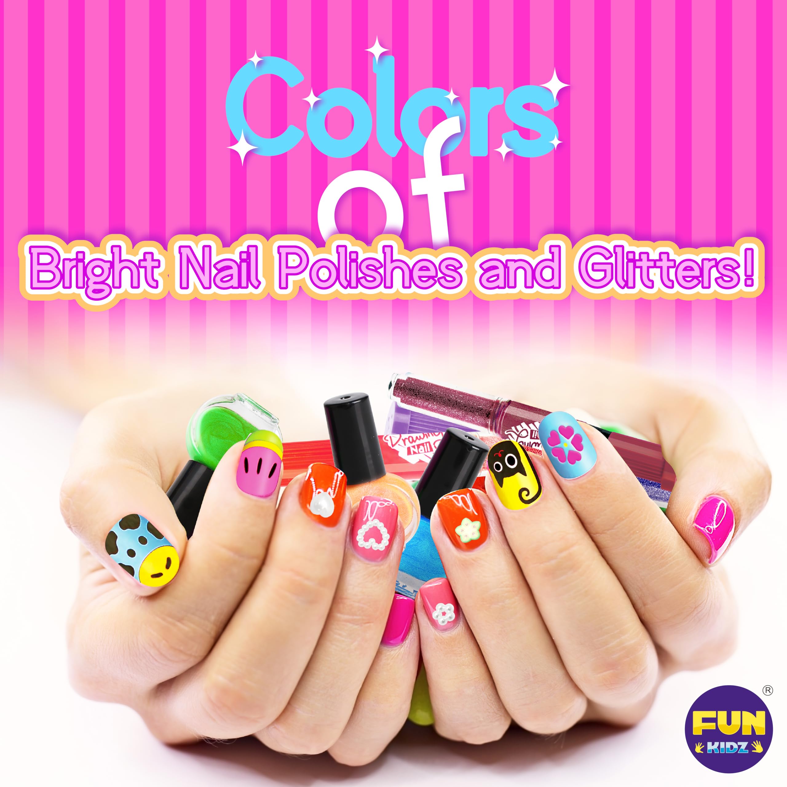 FunKidz Nail Polish Pens Kit for Girls 7-12 - Peelable Nail Art Set with Glitter & Gems for Party & Play
