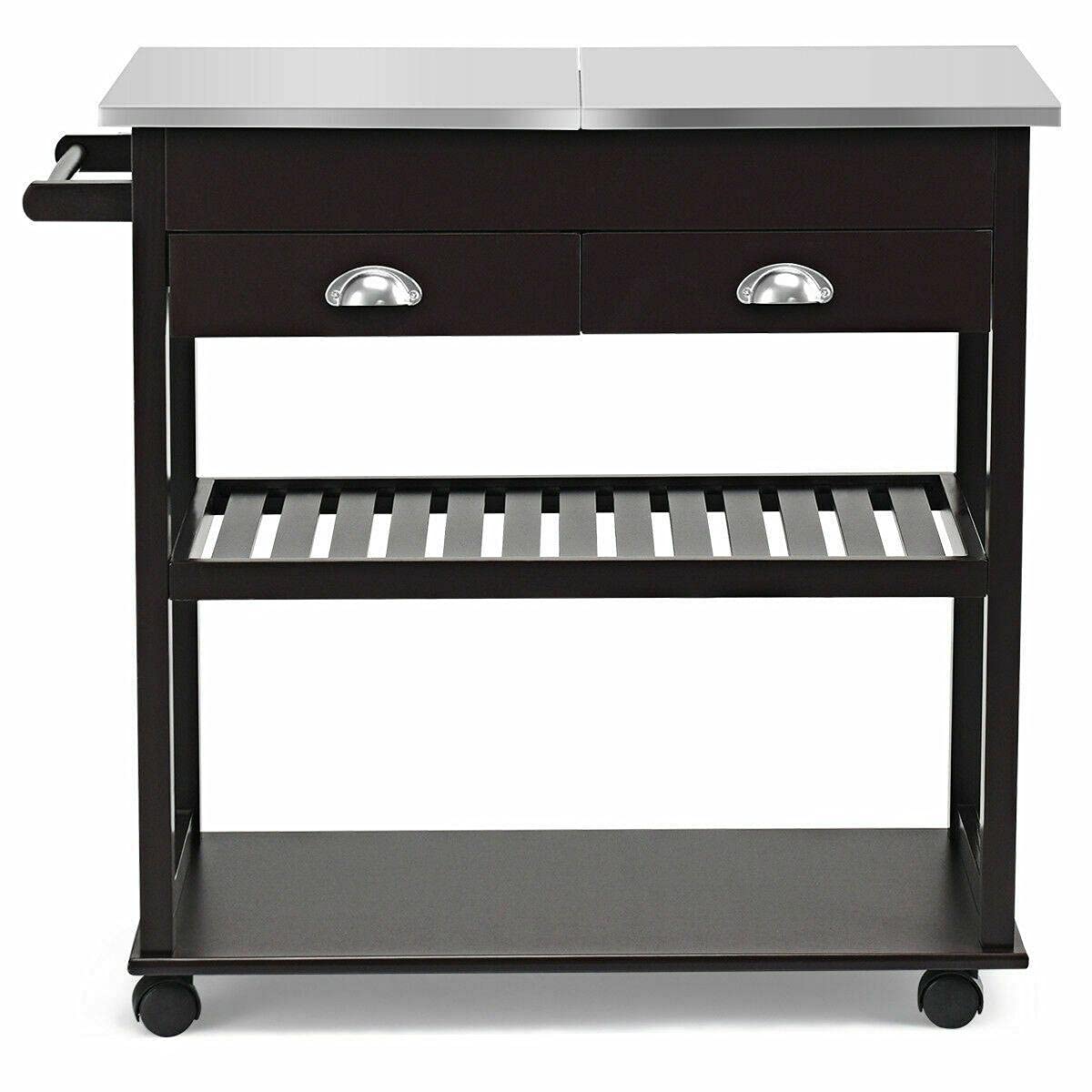 Stainless Steel Rolling Kitchen Island Cart with Flip Tabletop & Drawer - Brown Mobile Kitchen Trolley for Small Spaces, Cooking Prep & Extra Storage - Perfect for Apartments, Dorms & Compact Kitchens