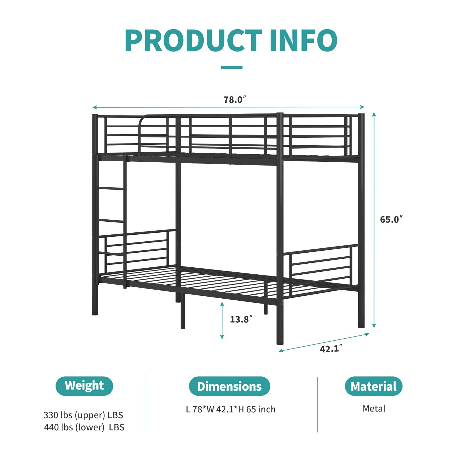 Heavy Duty Twin Over Twin Metal Bunk Bed Frame with Guardrail & Ladder - Space Saving, Noise Free, No Box Spring Needed - Sturdy Black Bunk Beds for Kids, Teens & Adults - Perfect for Small Bedrooms, Dorms & Guest Rooms (Model 2685)