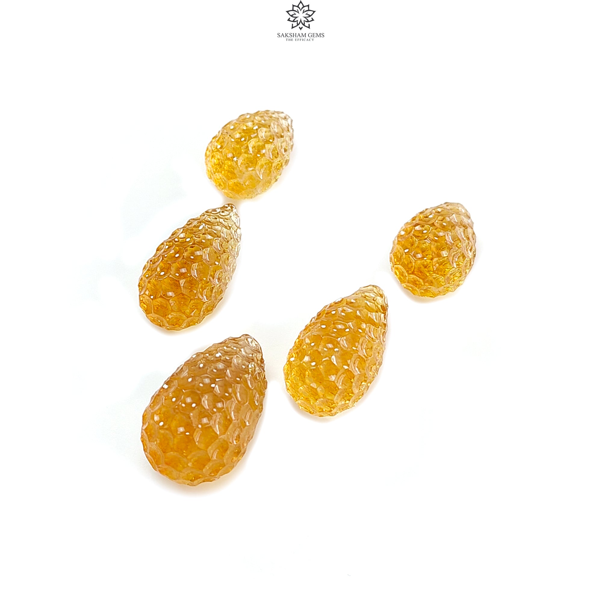 Natural Untreated Yellow Citrine Gemstone Carving - 93.50cts Hand Carved Teardrop Shape (18mm-24mm) 5-Piece Set - November Birthstone for Jewelry Making, Healing Crystals & Spiritual Gifts
