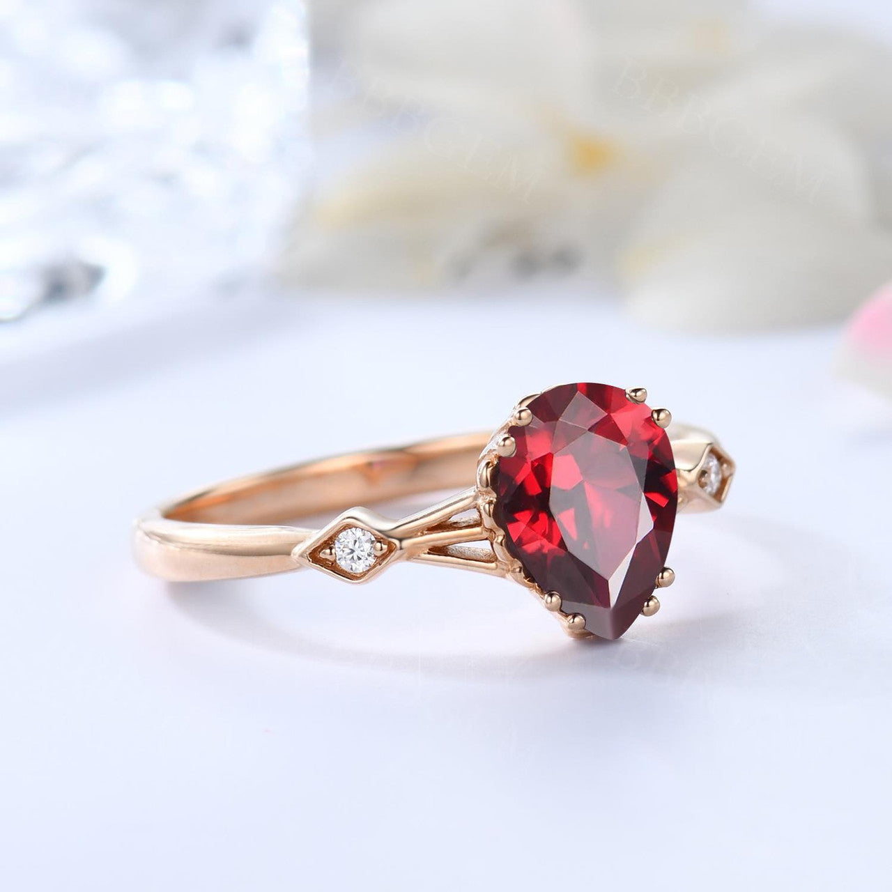 Vintage Dark Red Garnet Pear Cut Three Stone Diamond Engagement Ring in Rose Gold - Perfect for Wedding, Anniversary & Romantic Gift Giving