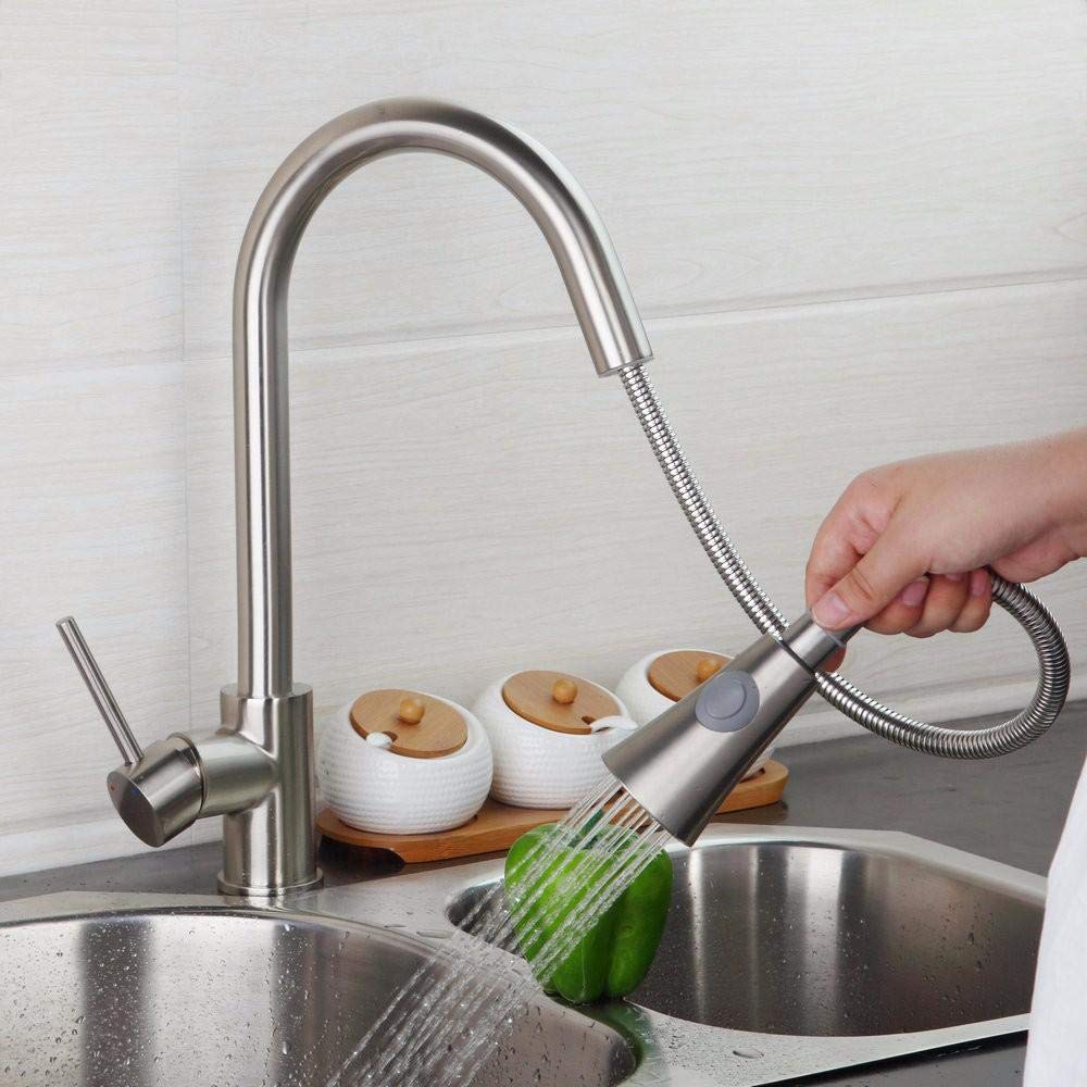 Brushed Nickel Solid Brass Kitchen Faucet with Pull-Out Sprayer - Deck Mounted Single Handle Sink Mixer Tap for Modern Home Kitchen Renovation | Durable & Stylish Design for Cooking & Dishwashing