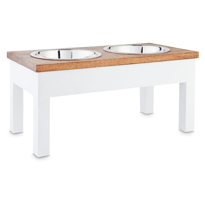 EveryYay White Wood Elevated Double Diner Dog Feeder - 7 Cup Capacity for Medium & Large Dogs - Perfect for Dining Areas & Pet Feeding Stations
