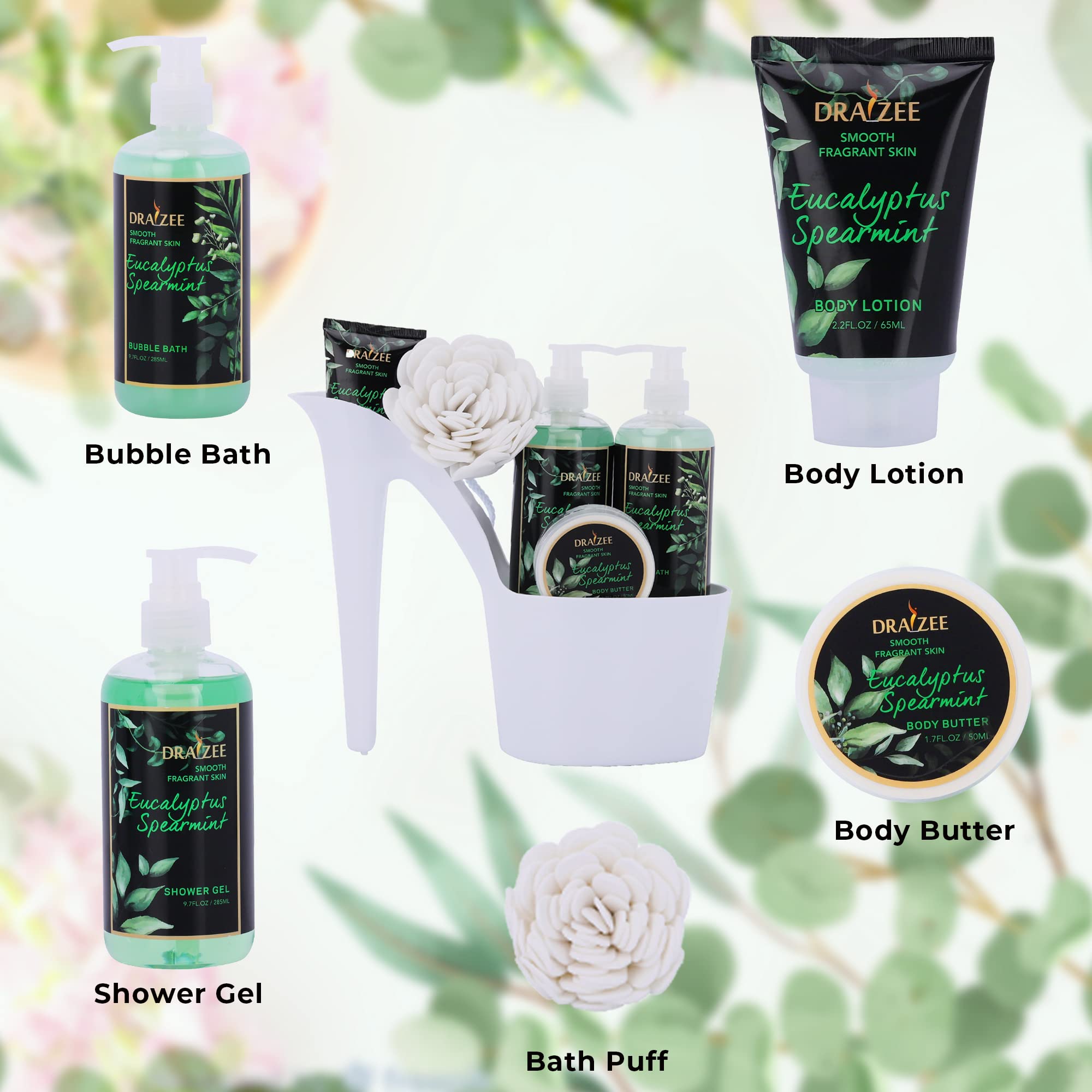 Luxury Spa Gift Set for Women - 4-Piece Bath & Body Basket with Rose, Cherry, Spearmint & Jasmine Scents | Includes Shower Gel, Bubble Bath, Loofah Puff, Body Butter & Lotion | Perfect Birthday, Mother's Day & Christmas Present | Relaxing Self-Care & Pampering Gift Idea