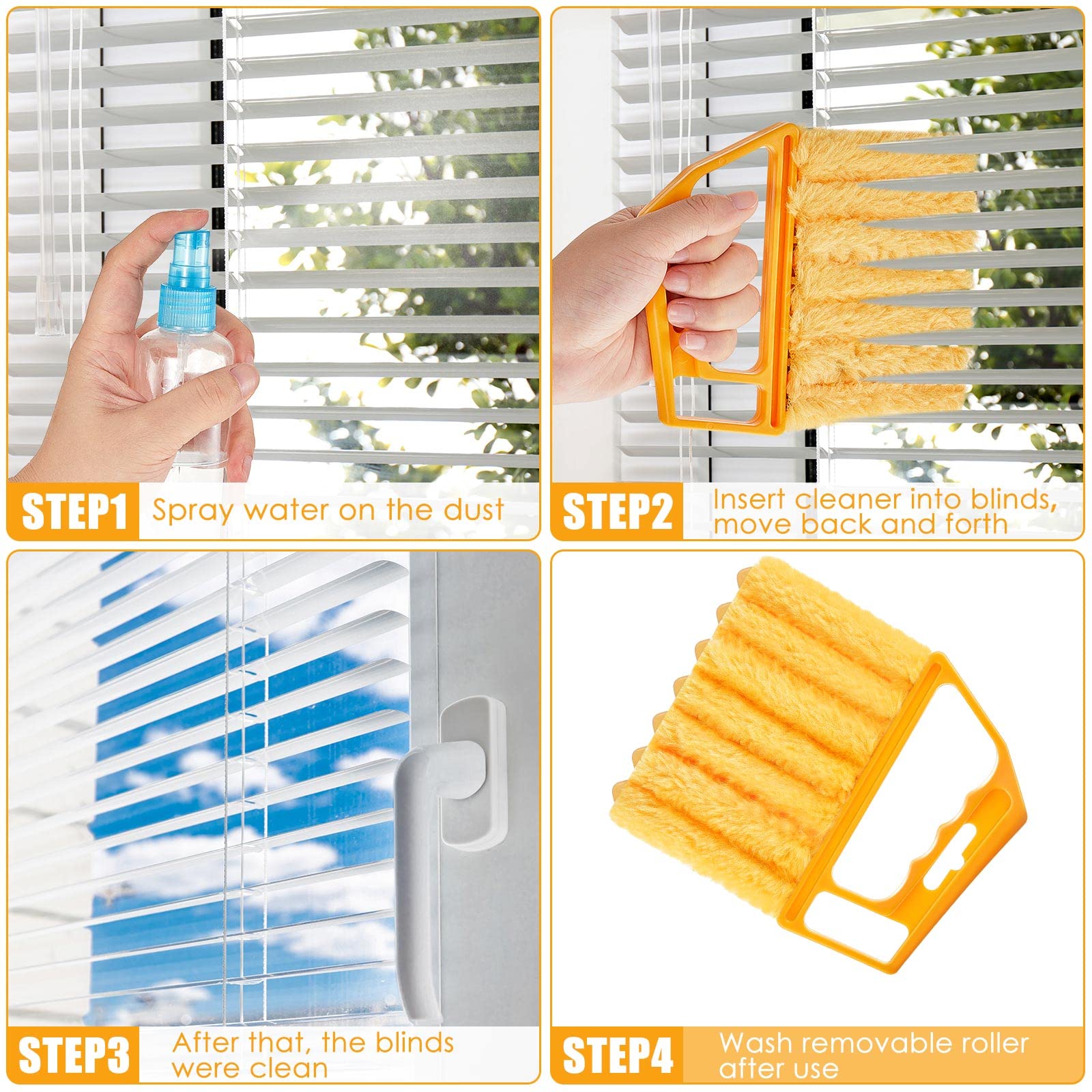 Geiserailie 2-Pack Washable 7-Finger Dusting Cleaner Tool for Window Blinds, Venetian Blinds & Air Conditioner - Mini Handheld Brush with Orange Handle - Removes Dust & Dirt from Wood Blinds, Furniture & Hard-to-Reach Areas