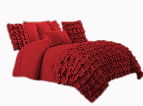 580 Thread Count 3-Piece Premium Waterfall Half Ruffle Duvet Cover Set with Matching Pillow Shams - King/Cal King Size 100% Egyptian Cotton Burgundy Red - Luxury Bedding for Master Bedroom, Guest Room & Hotel Decor