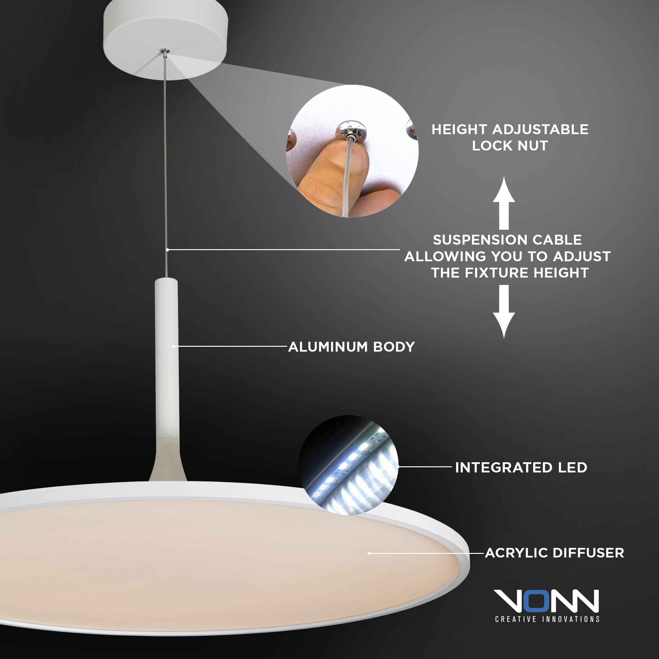 VONN Salm 17 Inch Modern White LED Disc Chandelier - Dimmable Ceiling Light Fixture for Dining Room, Bedroom, Living Room & Kitchen Lighting