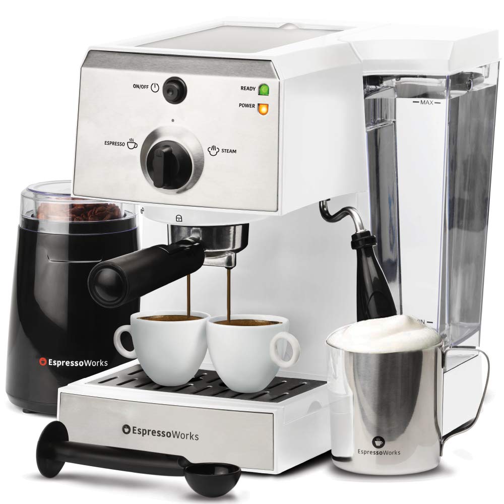 EspressoWorks All-In-One Espresso Machine with Milk Frother - 7-Piece Cappuccino Maker Set Includes Coffee Grinder, Frothing Pitcher, Cups, Spoon & Tamper - Perfect for Home Baristas & Coffee Lovers (White) - Ideal for Morning Brews, Entertaining Guests & Coffee Shops