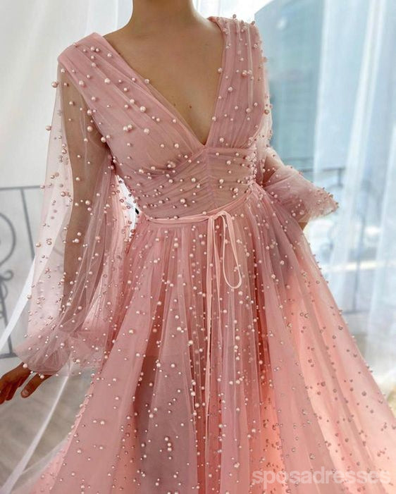 Elegant Pink A-Line V-Neck Long Sleeve Maxi Party Prom Dress for Women - Formal Evening Gown for Homecoming, Wedding Guest, and Special Occasions