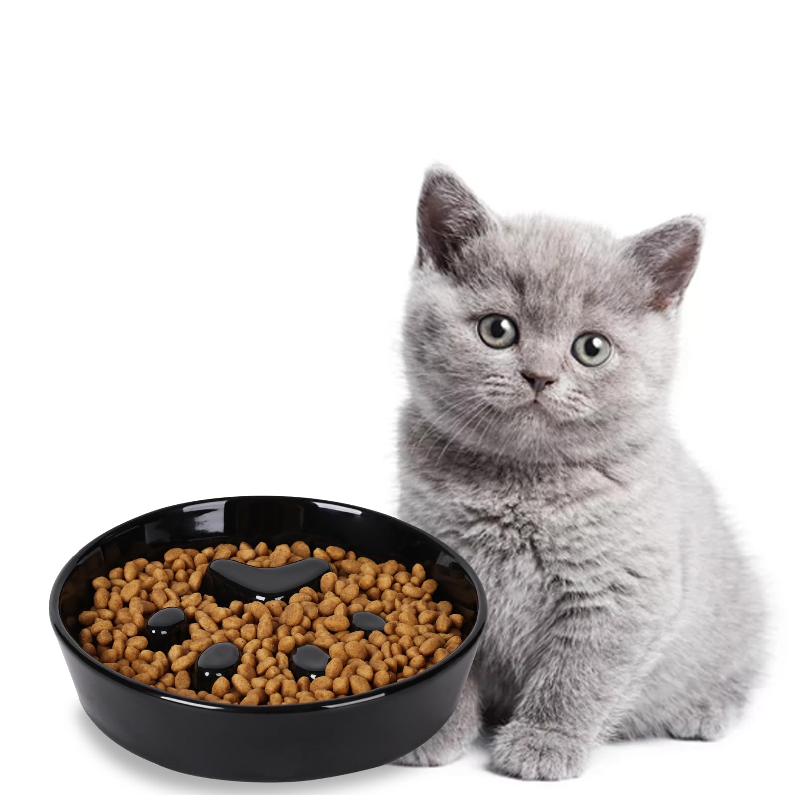 Ceramic Slow Feeder Cat Bowl - Fun & Interactive Pet Food Dish for Fast Eaters (Black) - Perfect for Portion Control & Mental Stimulation During Mealtime