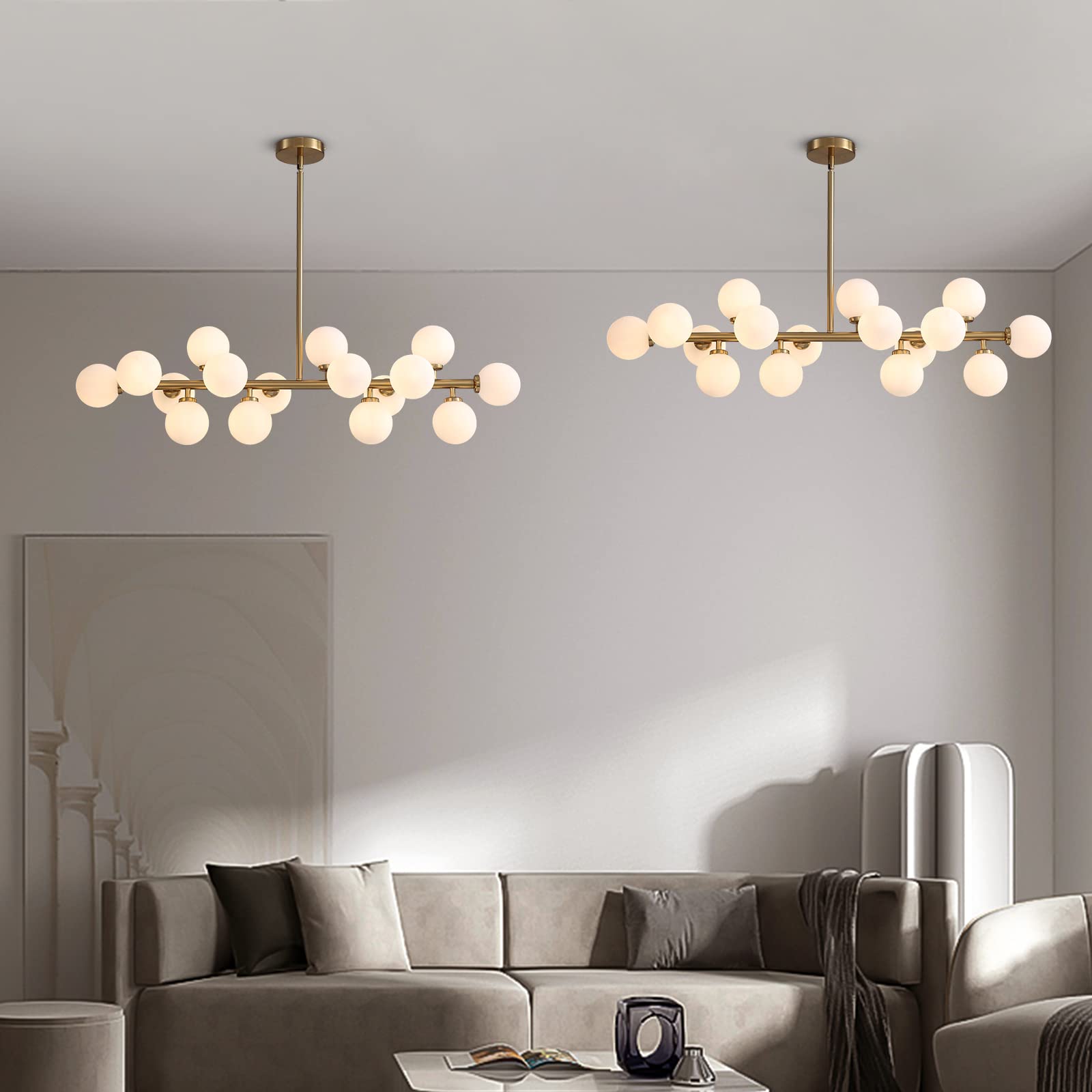 Modern Gold Rectangle Chandelier Pendant Light Fixture for Kitchen Island, Dining Room & Over Table - Milky White Lampshade | Elegant Ceiling Lighting for Home & Restaurant Decor