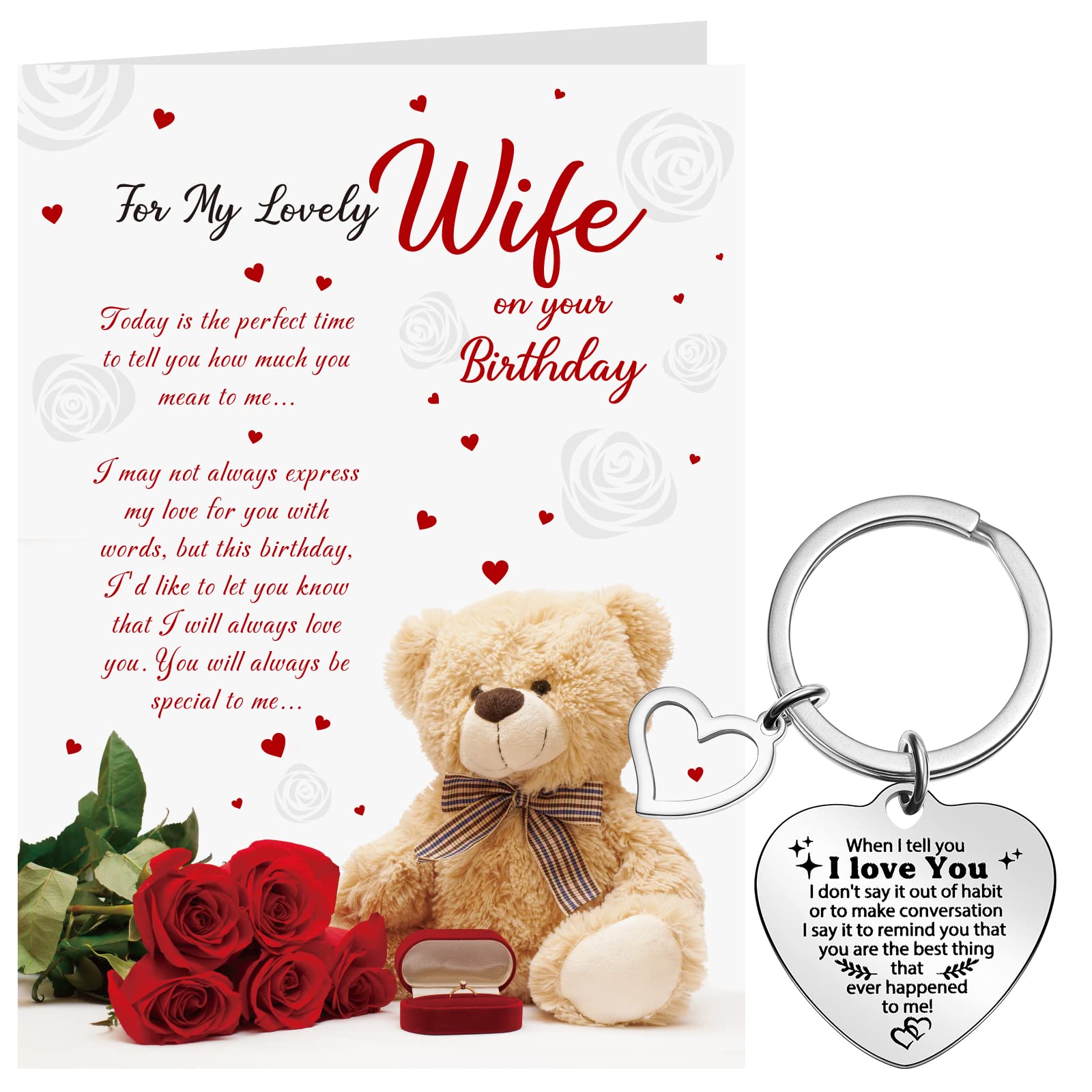 Romantic Birthday Card for Wife from Husband - Happy Anniversary Greeting Card with 'I Love You' Keychain Gift Set & White Envelope - Perfect for Valentine's Day, Wedding Anniversaries & Special Occasions