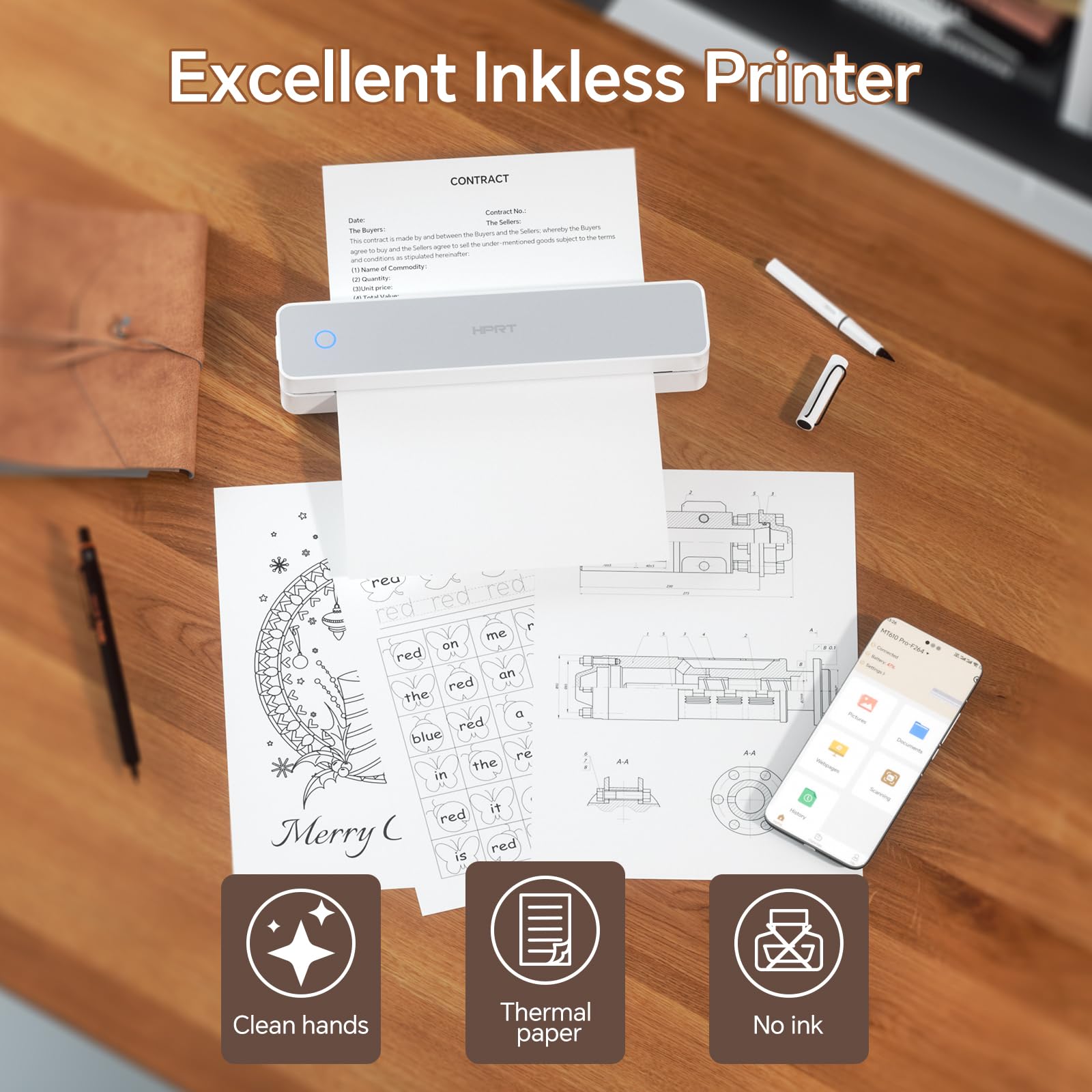 HPRT MT610 Pro Wireless Portable Thermal Printer - Compact & Lightweight for Travel, Office & Home Use | Compatible with 200 Sheets US Letter Size Thermal Paper | Ideal for Receipts, Labels & On-the-Go Printing