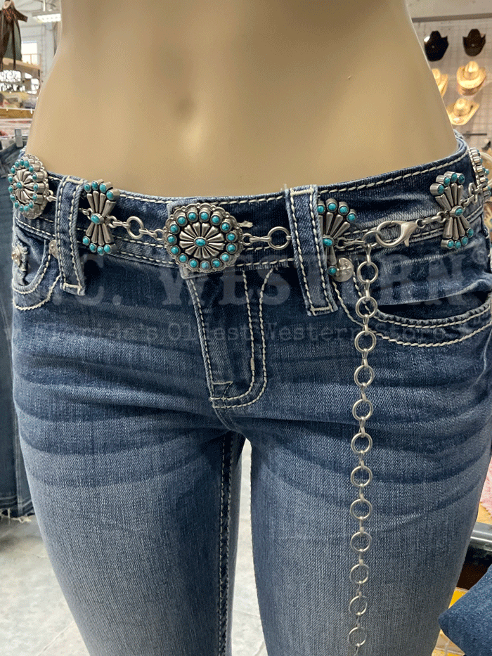 Angel Ranch D140007833 Women's Oval Butterfly Conchos Chain Belt with Turquoise Stones - Perfect for Boho Fashion, Western Outfits & Casual Wear