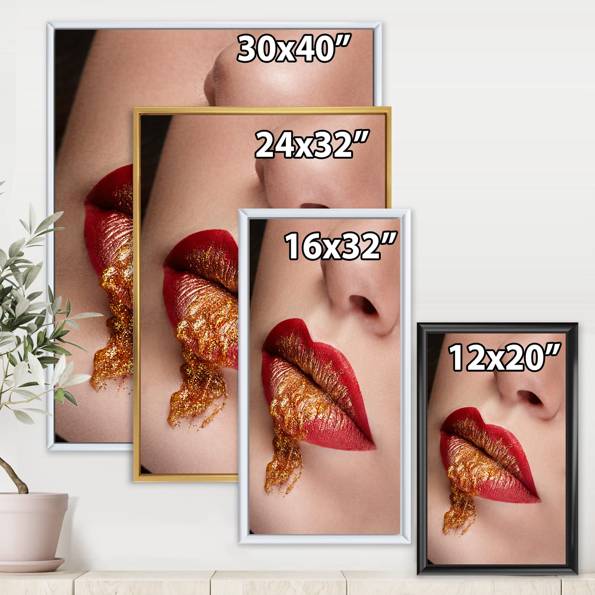 Red and Gold Lips Makeup Modern Framed Canvas Wall Art Print - Perfect for Living Room, Bedroom & Office Decor