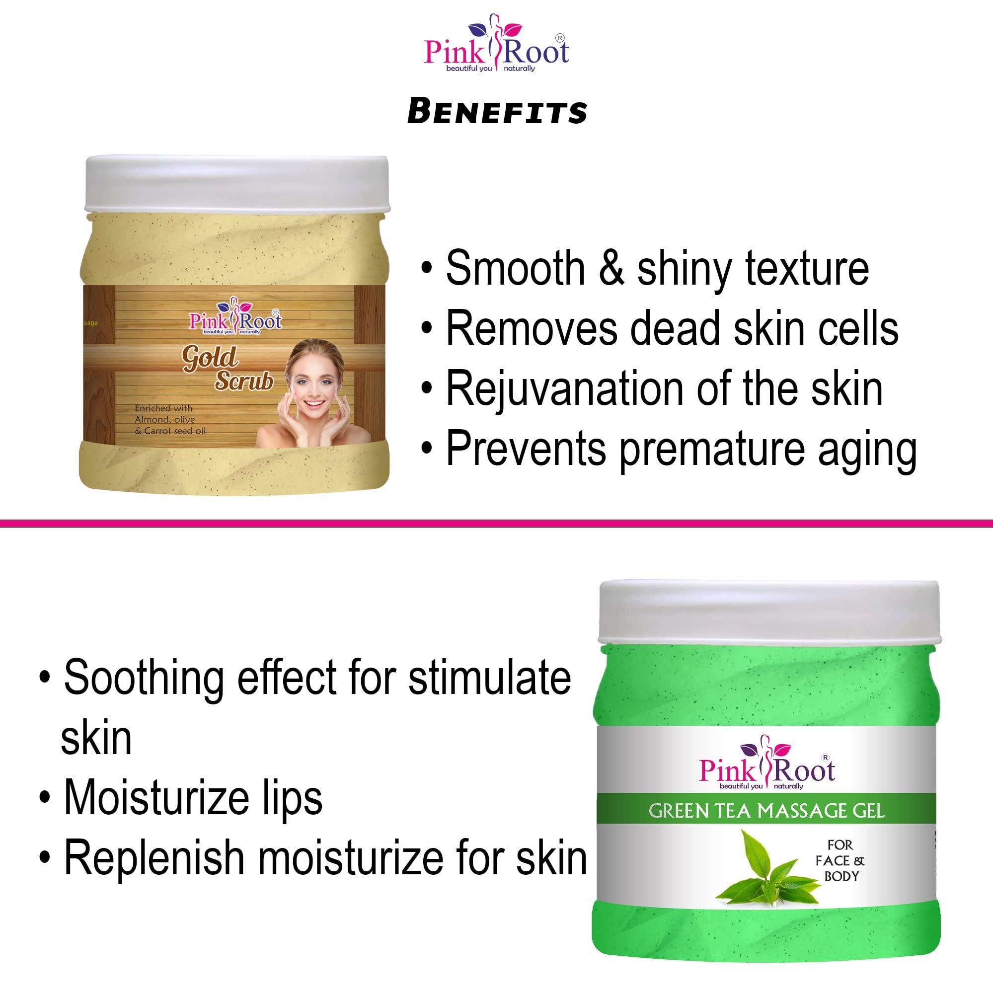 **Pink Root Green Tea Massage Gel & Gold Scrub Set - 500ml Each for Relaxation & Exfoliation - Perfect for Spa, Body Care & Skin Rejuvenation**
