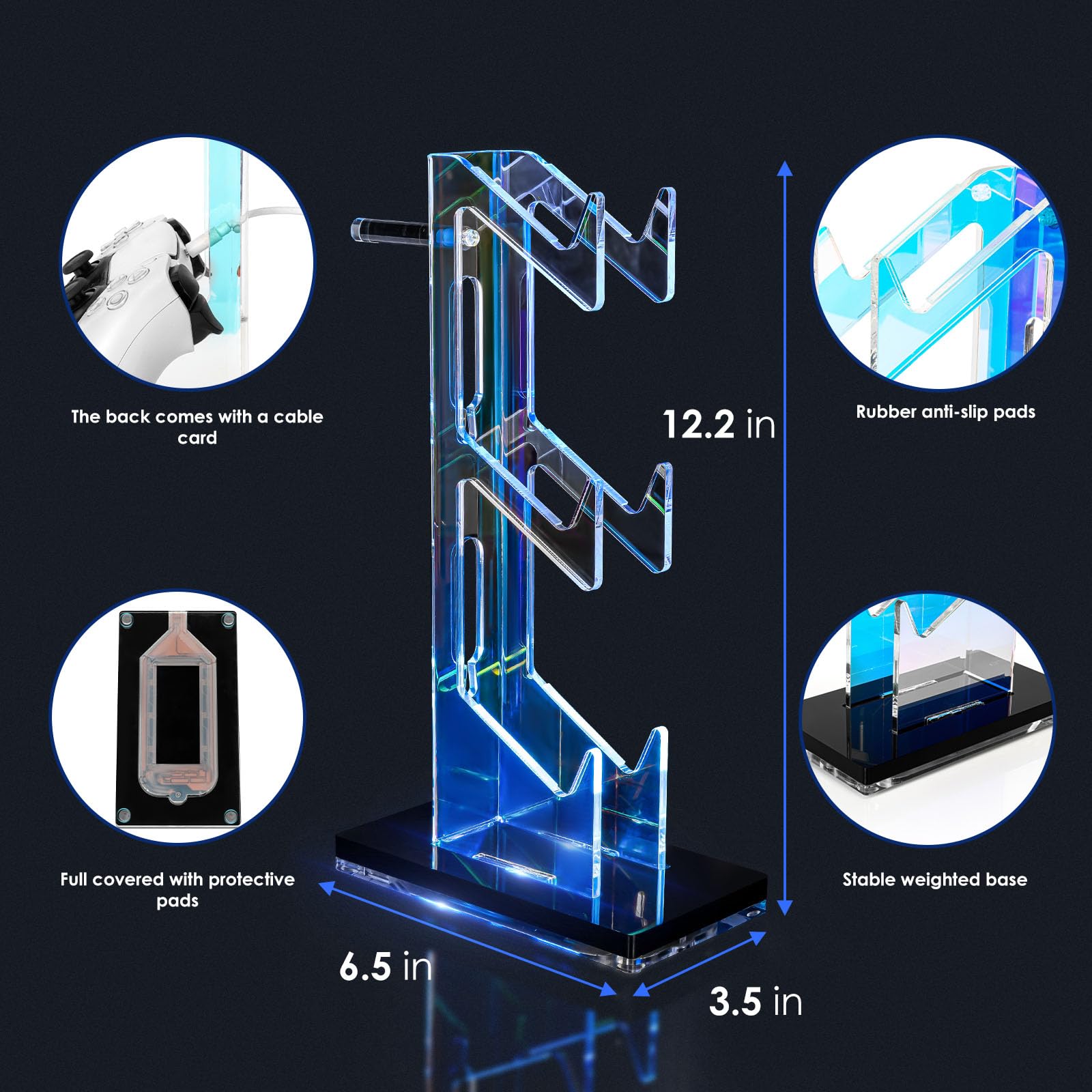 OAPRIRE 3-Tier Acrylic Gaming Controller Stand with LED Lights - Universal Headset Holder for PS5, PS4, Nintendo Switch & PC Accessories (Black) | Perfect for Gaming Setup & Desk Organization