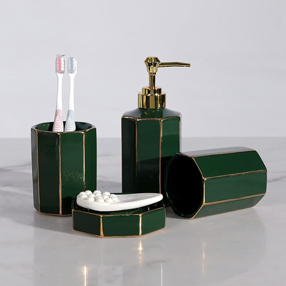 ZYQZXHN 4-Piece Ceramic Bathroom Accessory Set - Gold European Style Soap Dispenser, Soap Dish, Toothbrush Holder & Washing Tools | Elegant Bathroom Decor for Modern Homes, Hotels & Guest Rooms