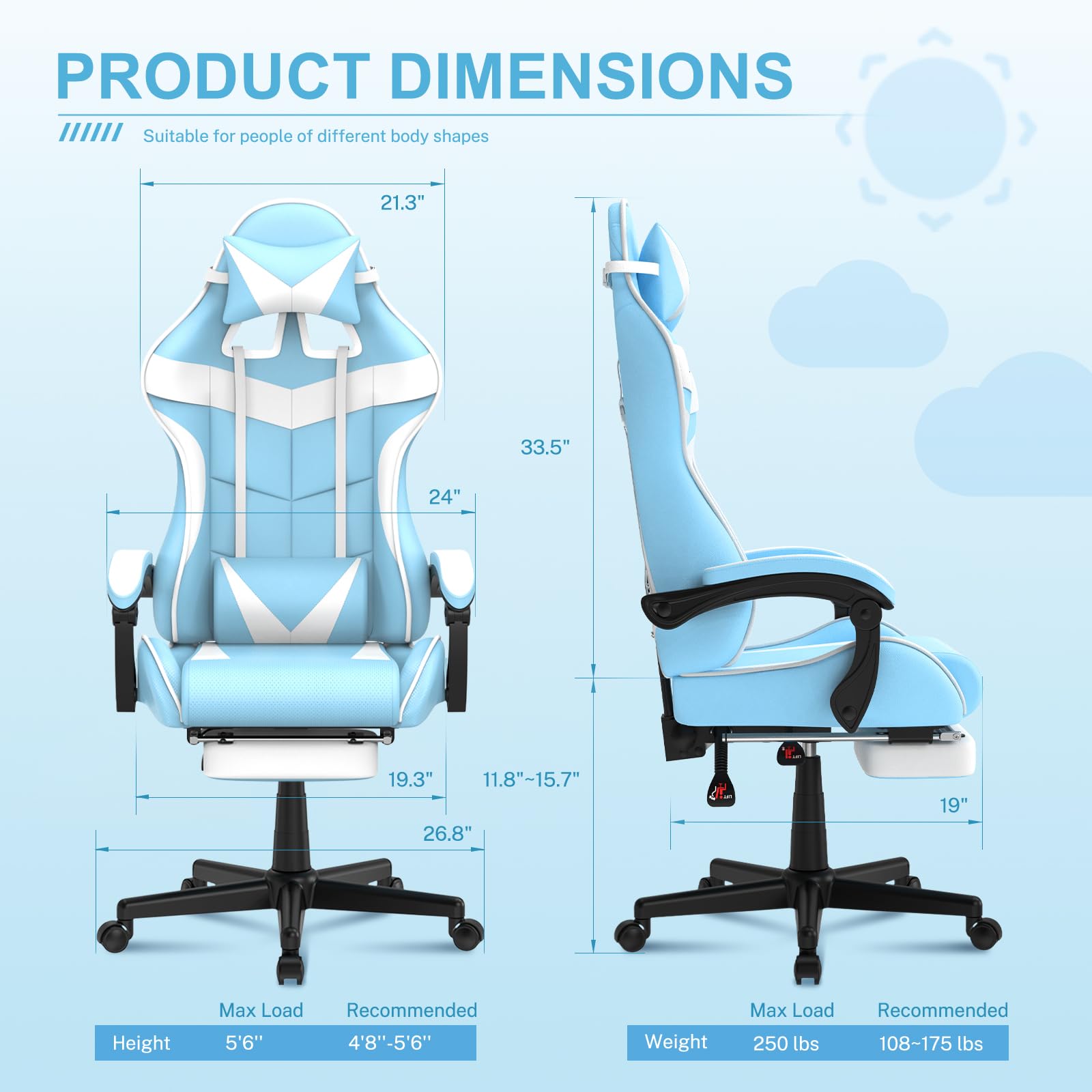 Soontrans Light Blue Gaming Chair with Adjustable Footrest - Cute Bunny Design Ergonomic Computer Chair for Girls, Teens & Women - Perfect for Gaming, Studying & Office Work