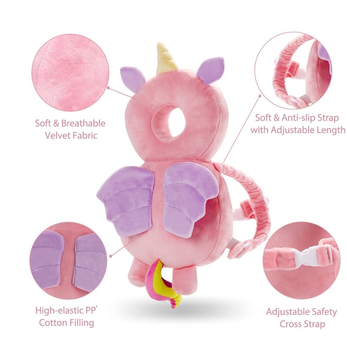 Baby Head Protector Safety Pad - Adjustable Toddler Head Protection for Walking & Crawling | Soft Unicorn Design | Perfect for Home, Daycare & Outdoor Play (Pink)