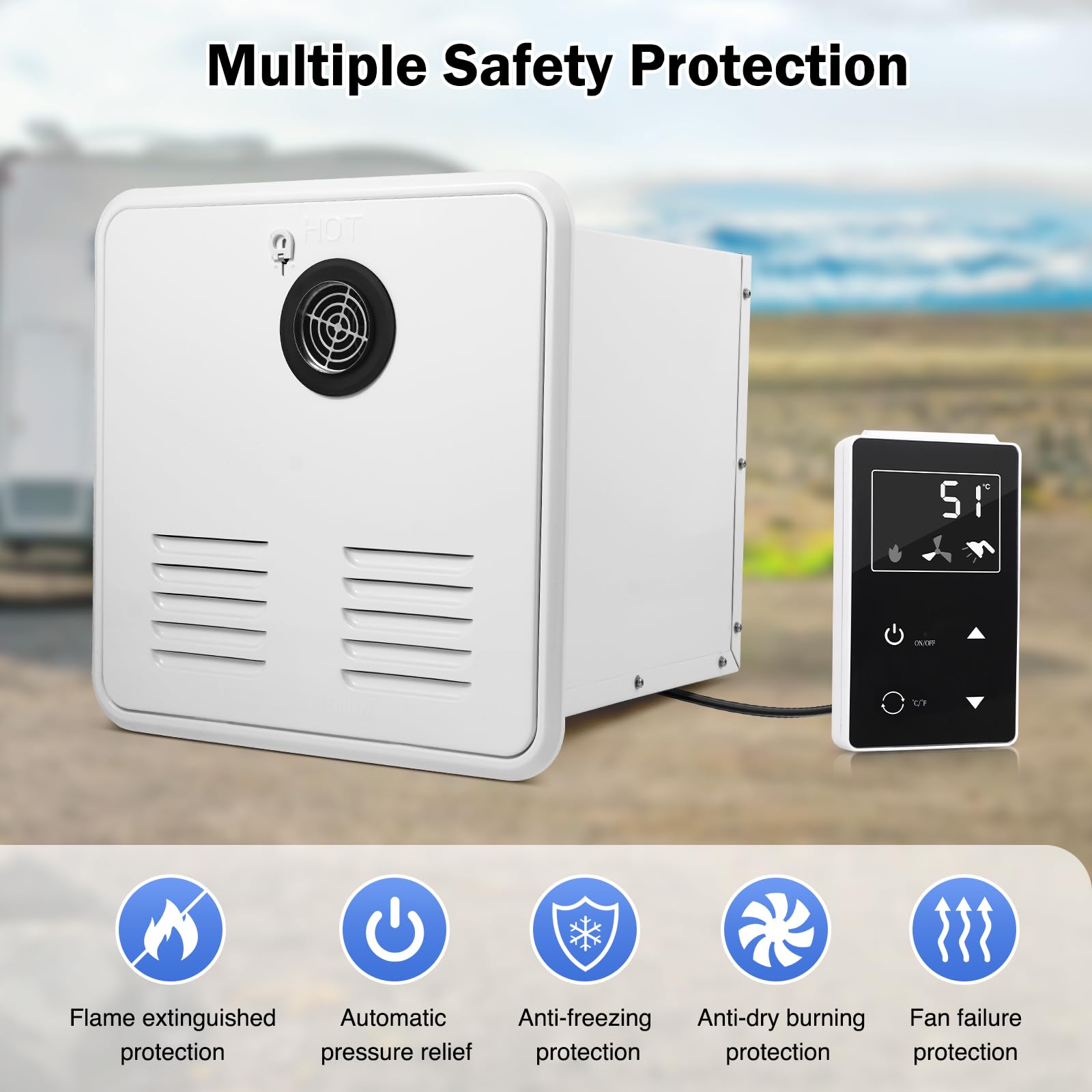 55,000 BTU RV Tankless Propane Water Heater - 2.9 GPM Instant Hot Water System with Remote Control & White Door (15