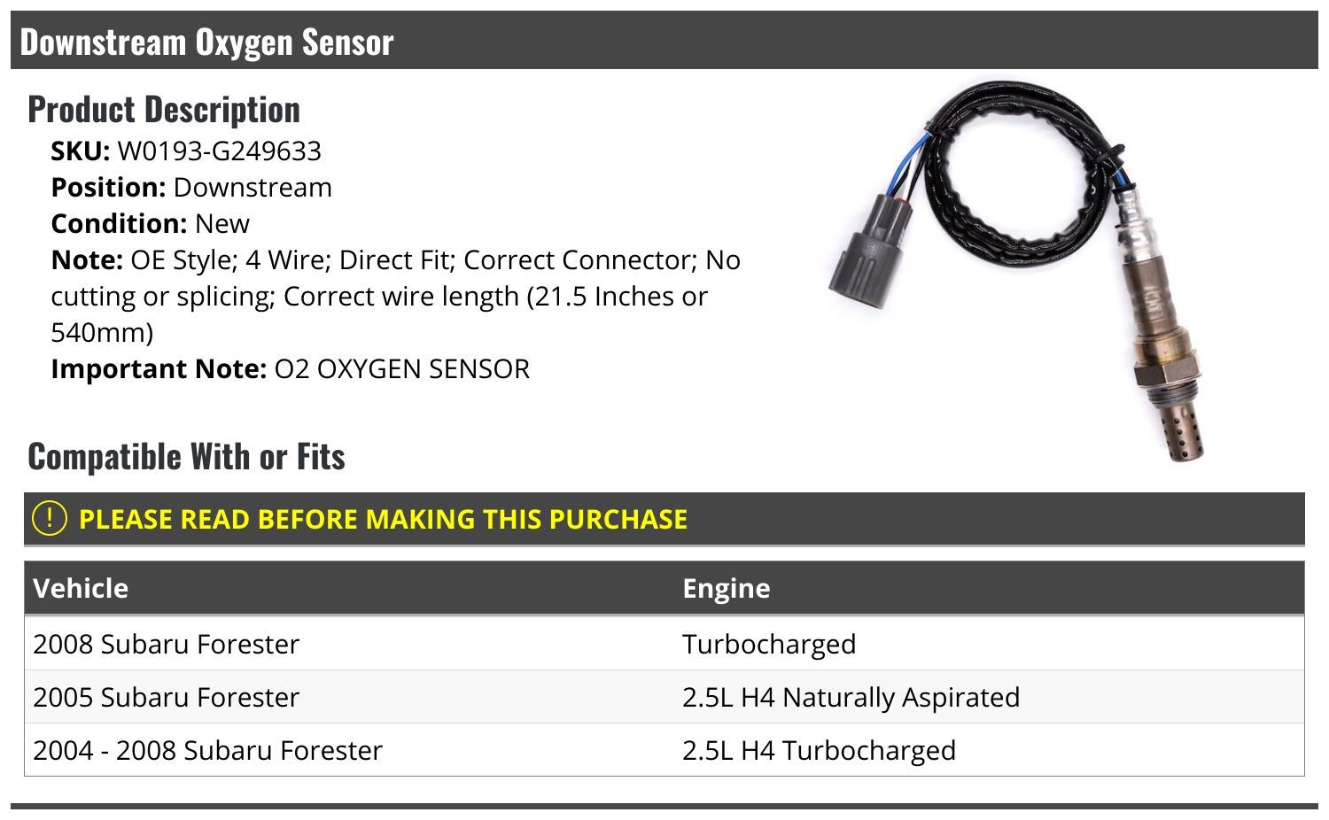 Downstream Oxygen Sensor for 2004-2008 Subaru Forester - High Performance O2 Sensor Replacement - Improve Fuel Efficiency & Emissions (Perfect for Off-Roading & Daily Commuting)
